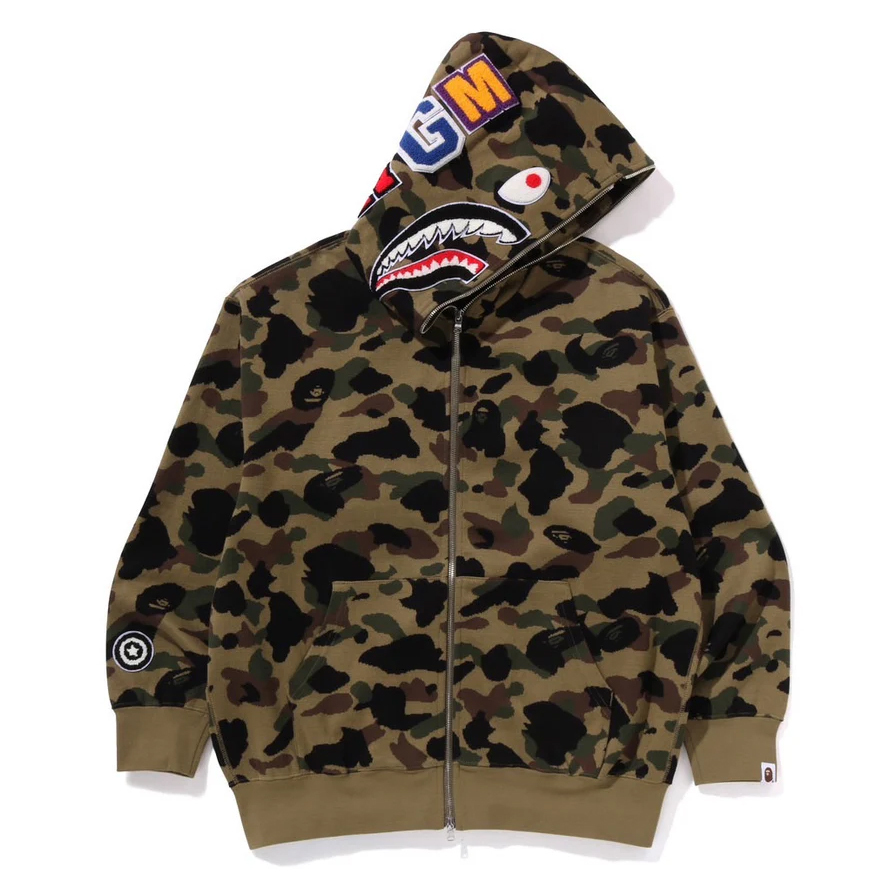 BAPE 1ST CAMO JACQUARD SHARK RELAXED FIT FULL ZIP HOODIE 鯊魚外套 連帽外套 綠-1L30115304