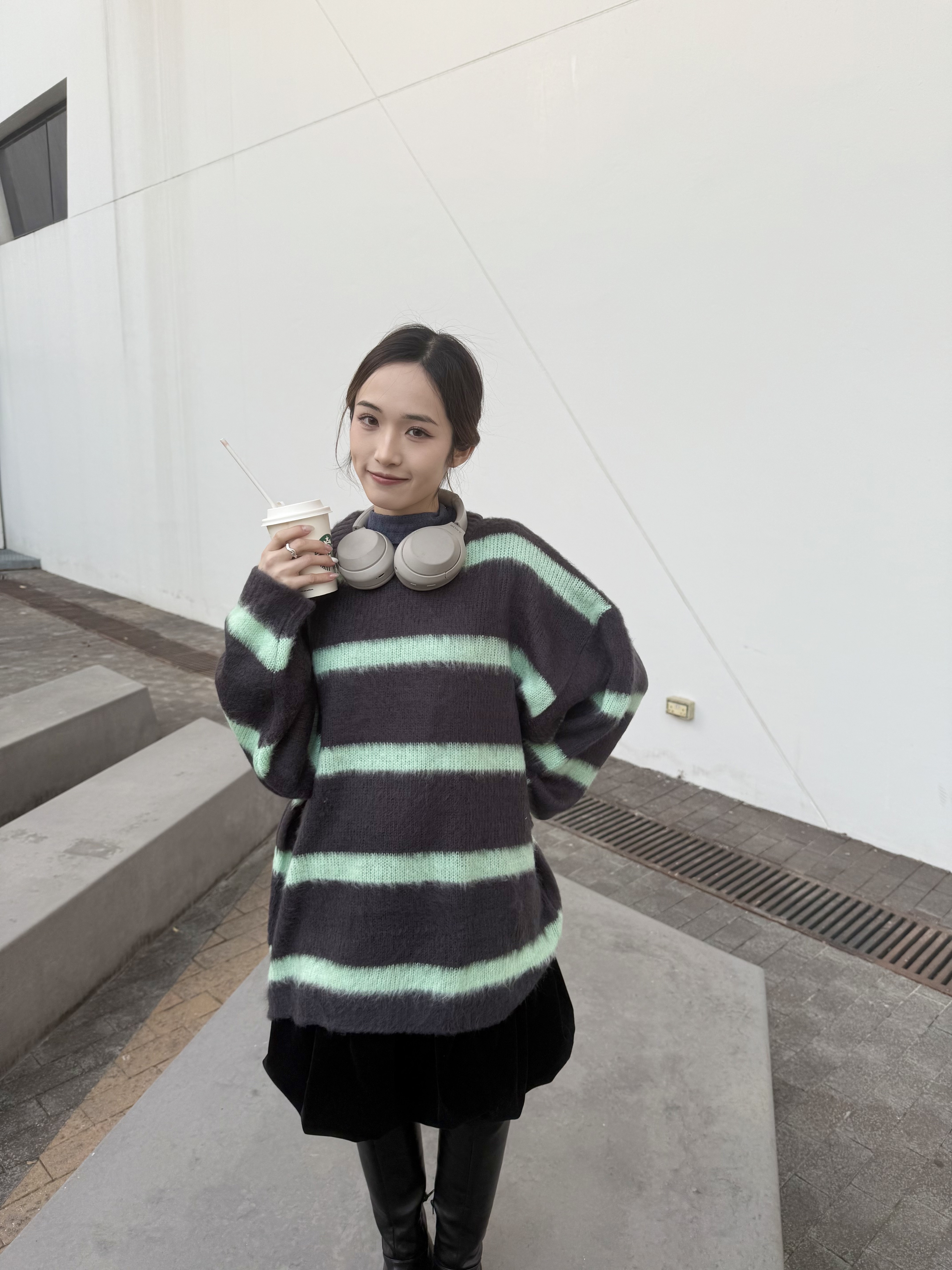 毛絨絨撞色間條長款上衣