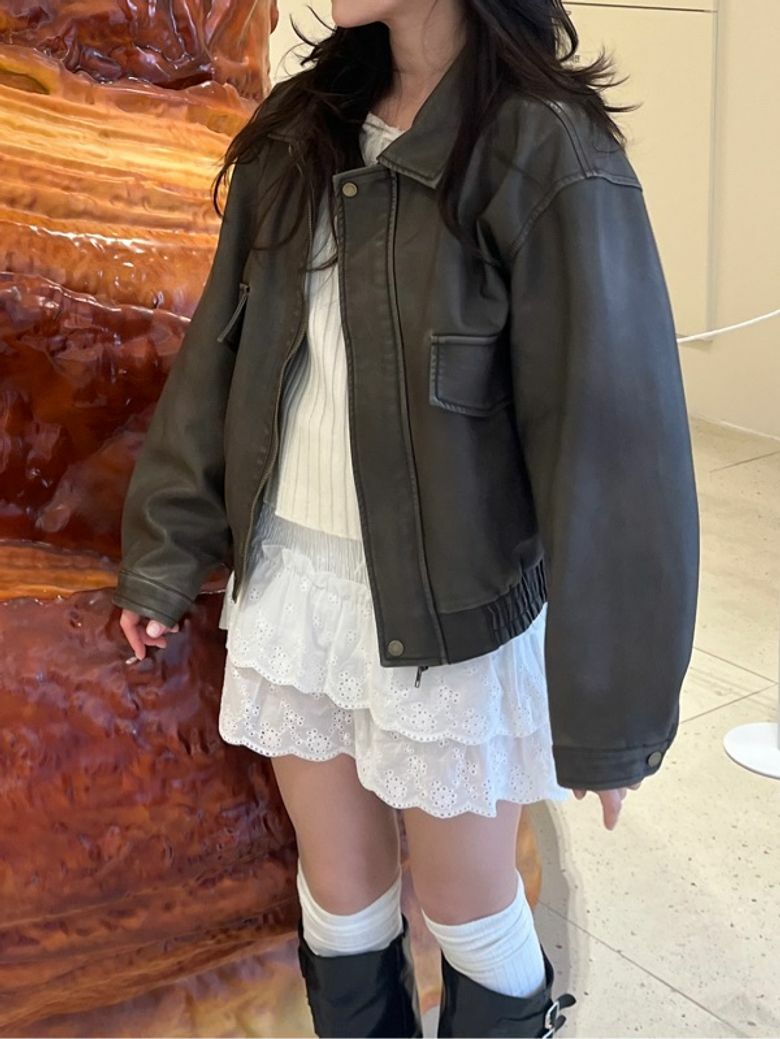 ジャケット ECO WAVE VINTAGE SIMPLE COLLAR LEATHER JACKET JUMPER MUSINSA | PLACE STUDIO Wave Vintage Simple Collar Leather