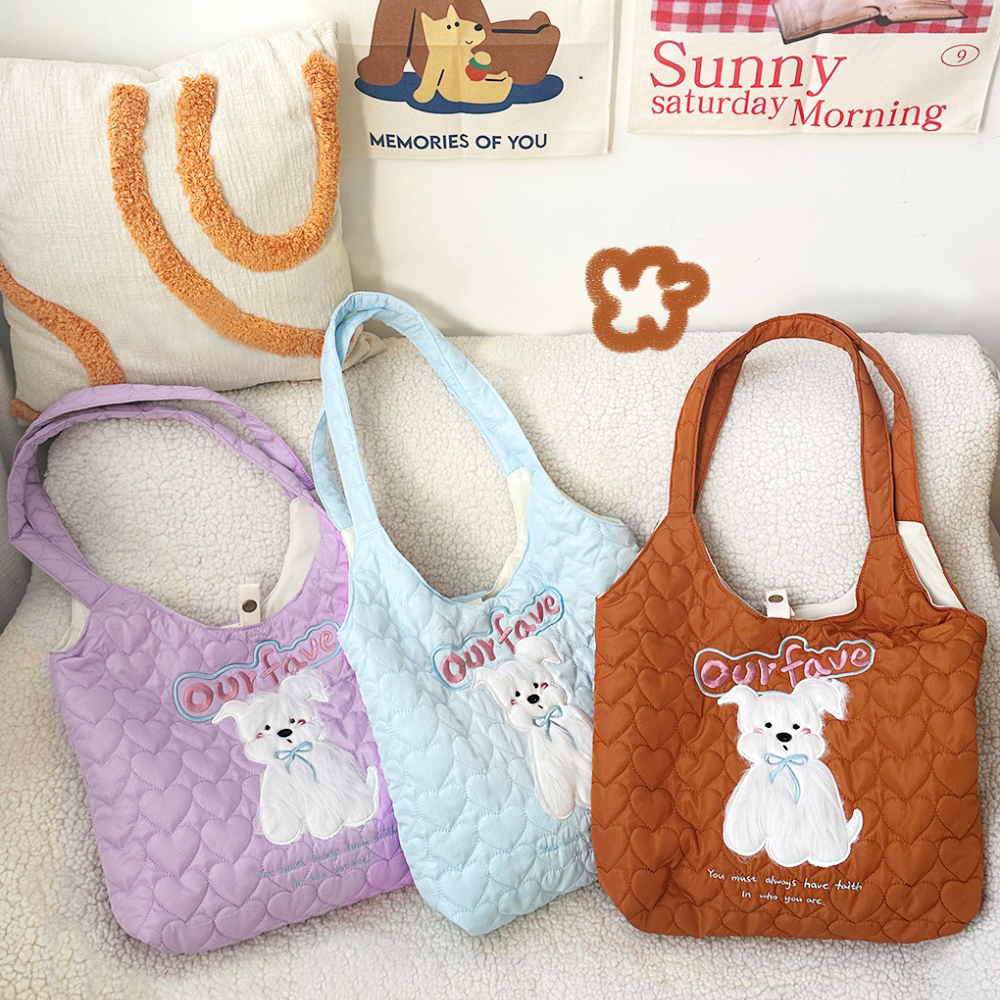 可爱毛絨小狗刺繡托特包