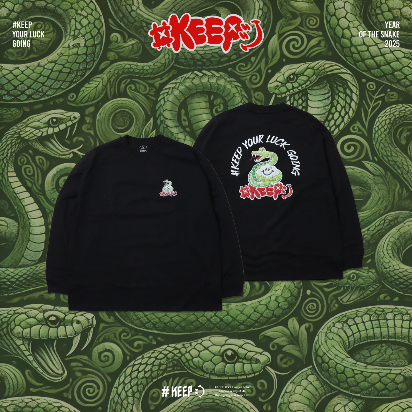 #KEEP YOUR LUCK GOING LONG SLEEVE 黑色 重磅 寬版 落肩 2025青竹絲 蛇來好運 長TEE【KS271-BK】CNYSNAKE