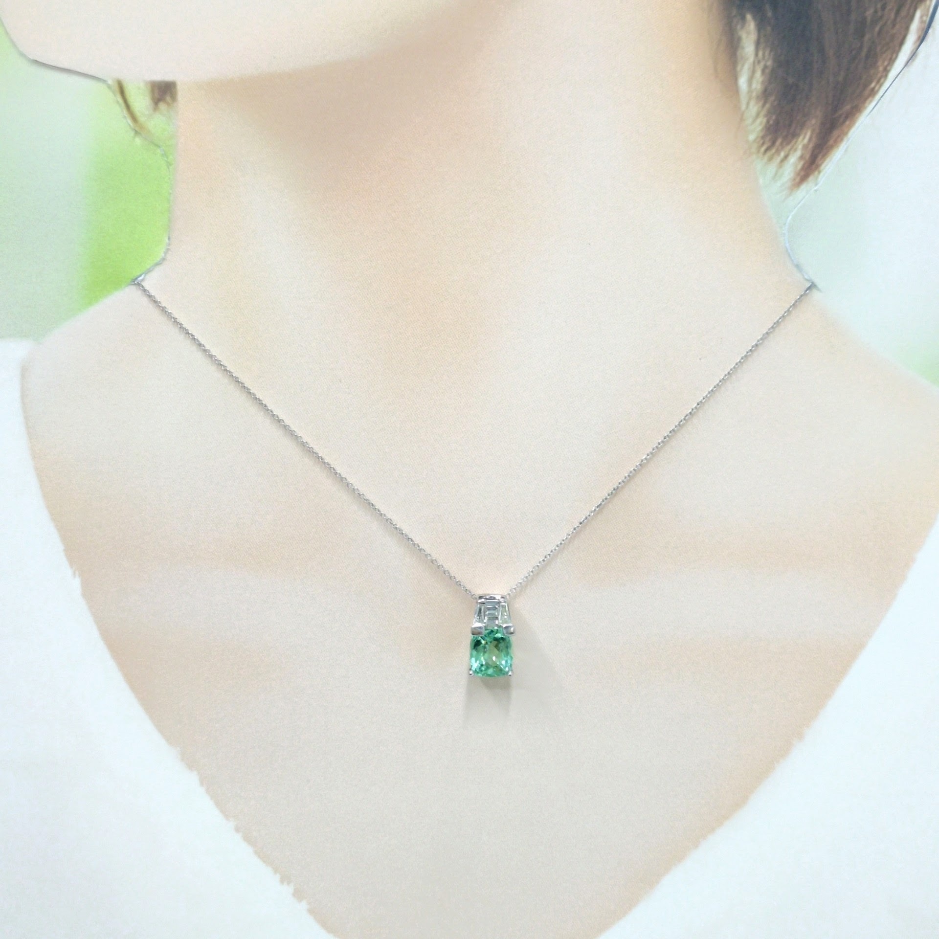 18K White Gold 2.19ct Green Tourmaline and Diamond Pendant