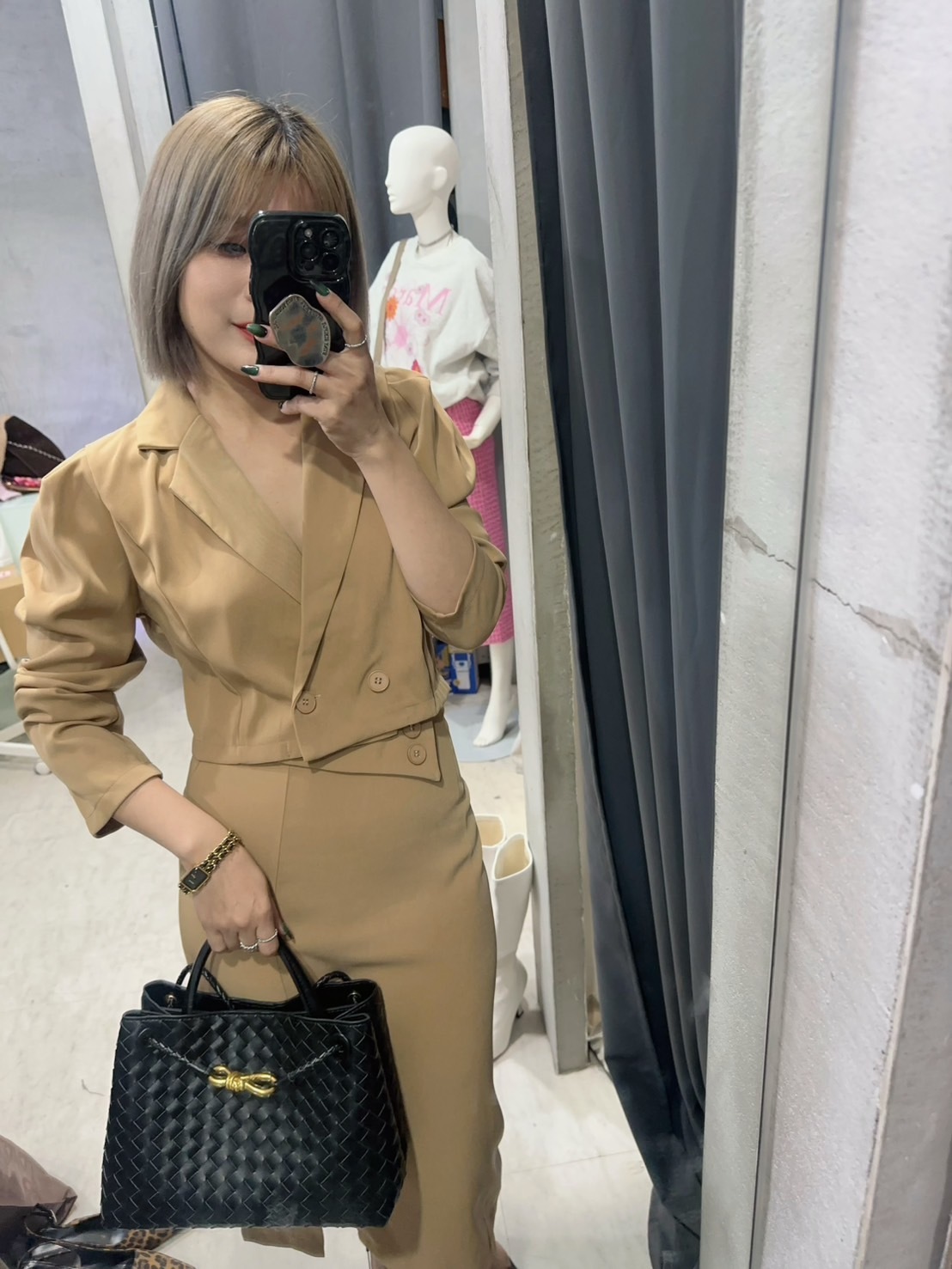 不對稱西裝外套+高腰裙(2件組)(卡其/黑/粉)