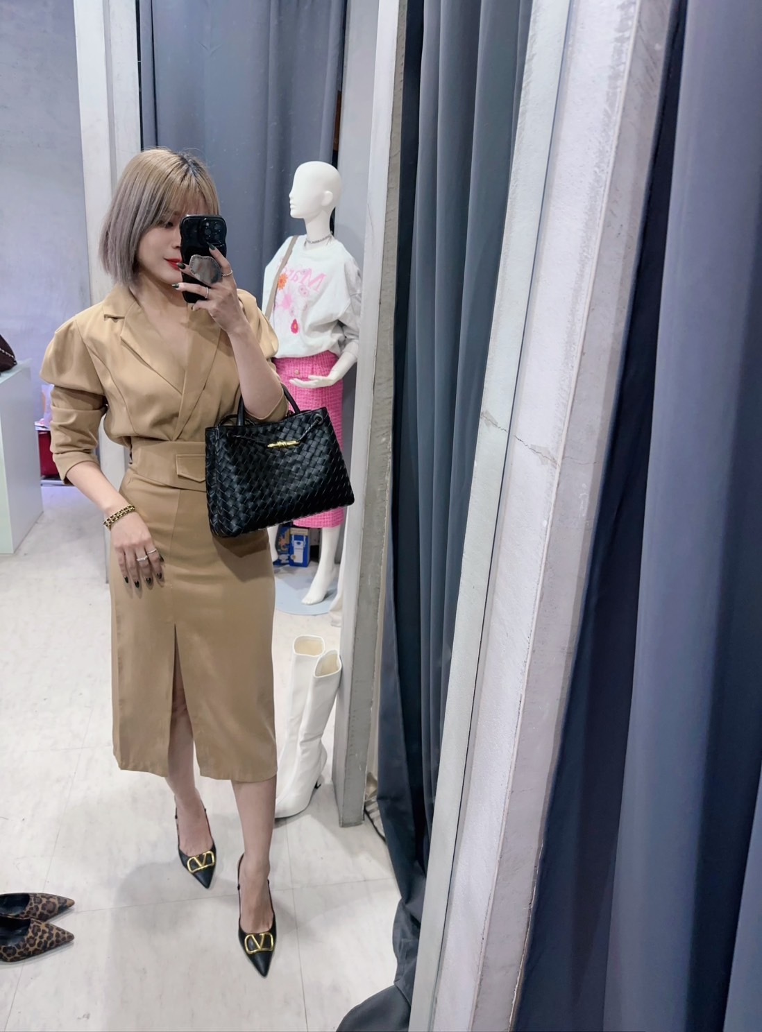 不對稱西裝外套+高腰裙(2件組)(卡其/黑/粉)