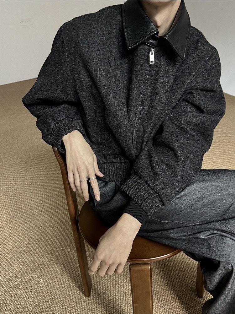 牛仔抓毛翻領拚皮外套