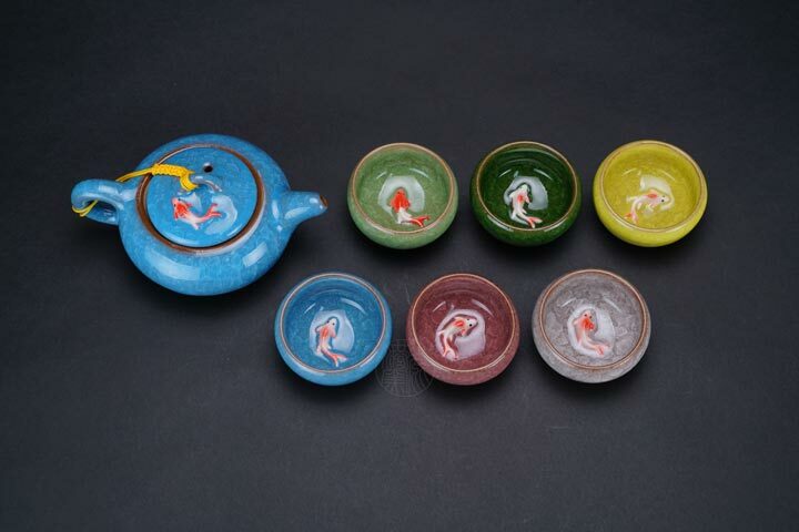 鹿港窯禮品館│冰裂釉陶瓷茶具組【魚趣設計】一壺六杯｜春節伴手禮、商務贈品首選