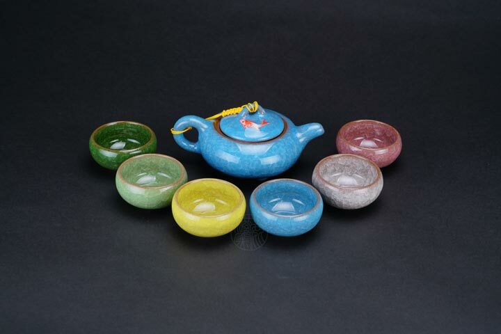 鹿港窯禮品館│冰裂釉陶瓷茶具組【魚趣設計】一壺六杯｜春節伴手禮、商務贈品首選