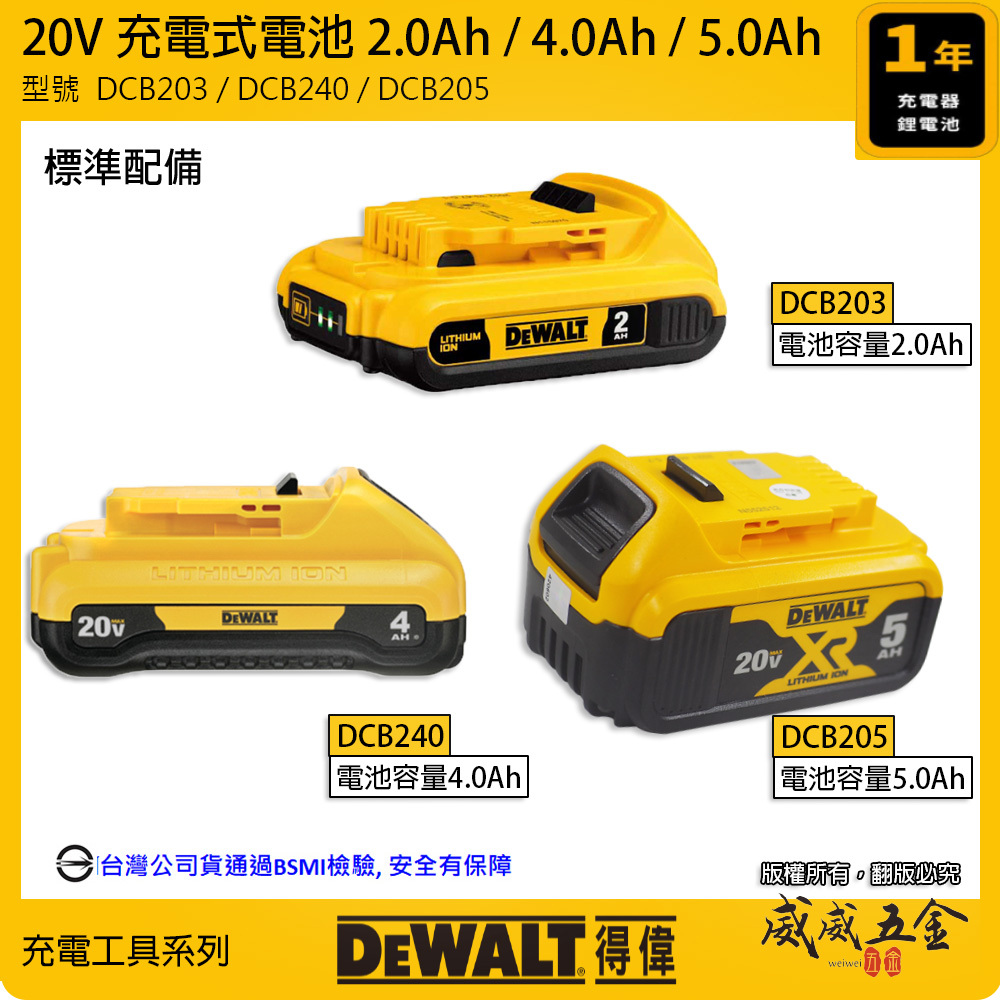 DEWALT 美國 得偉｜20V 原廠超鋰電電池 充電電池｜5.0Ah｜2.0Ah｜DCB205｜DCB203｜公司貨