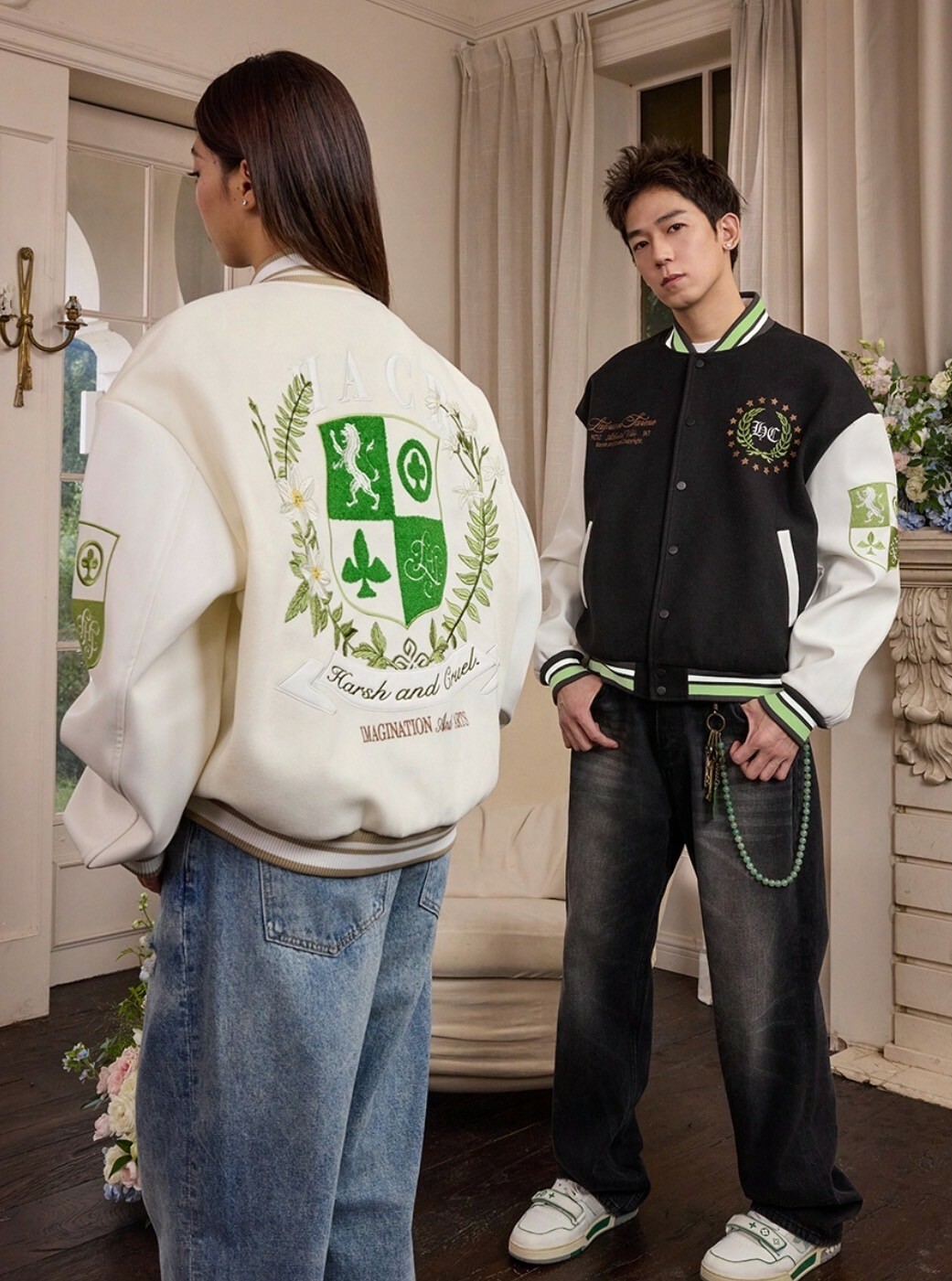 harsh and cruel 2025SS 復古 綠花環 盾牌 徽章 刺繡 棒球外套