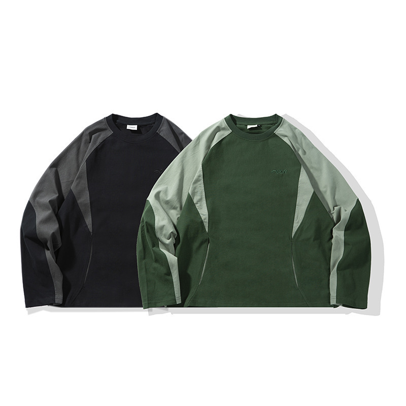 日系拼接插袋長袖TEE