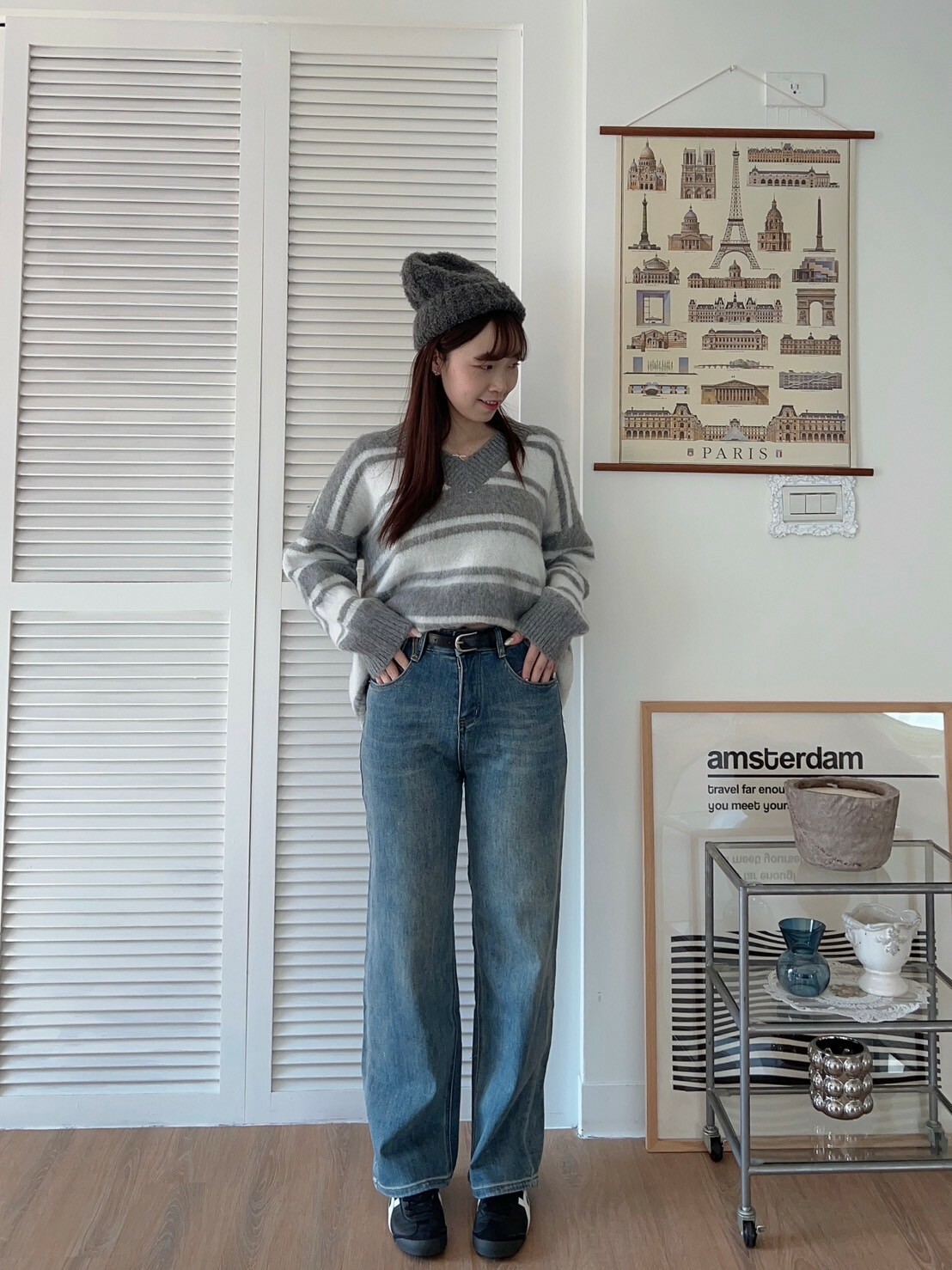 復古刷色直筒牛仔褲 寬臀友善（附皮帶）