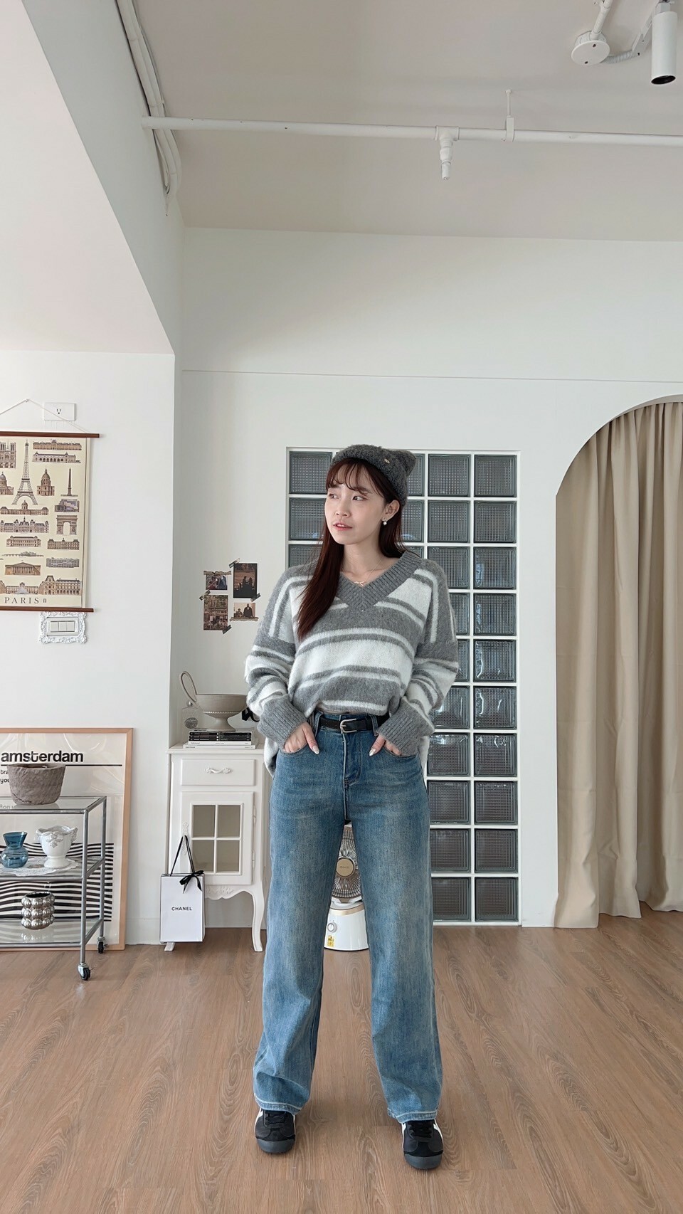 復古刷色直筒牛仔褲 寬臀友善（附皮帶）