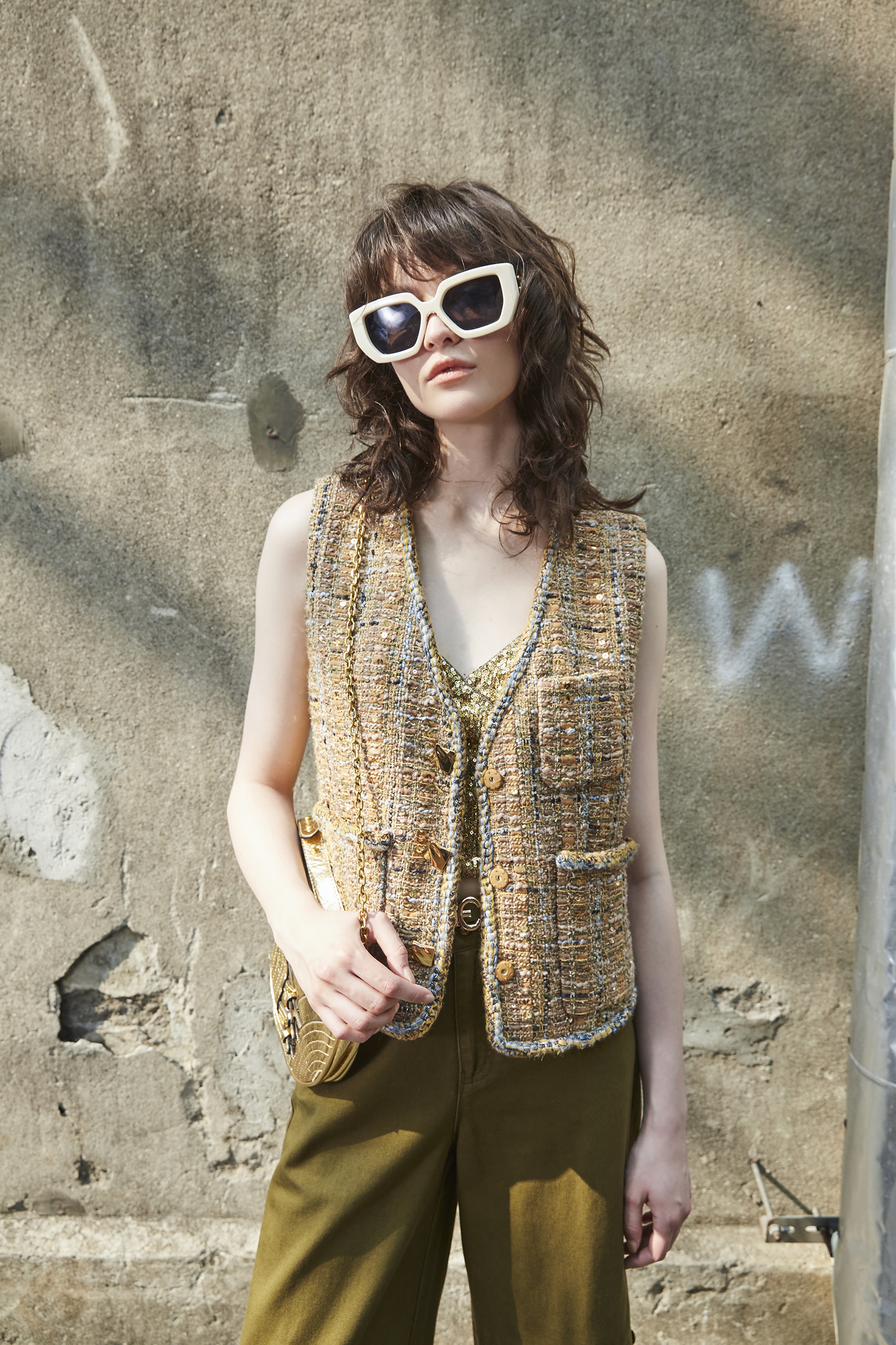 BD15005Y1 夕陽寶石復古粗花呢滾邊無袖背心