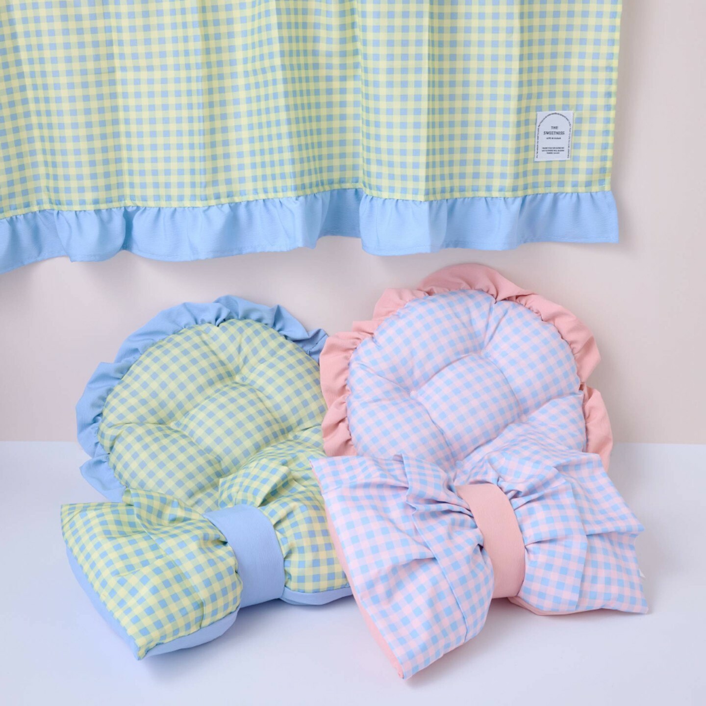 TP 荷葉邊蝴蝶結靠枕/藍黃格紋 25.5x35x8cm