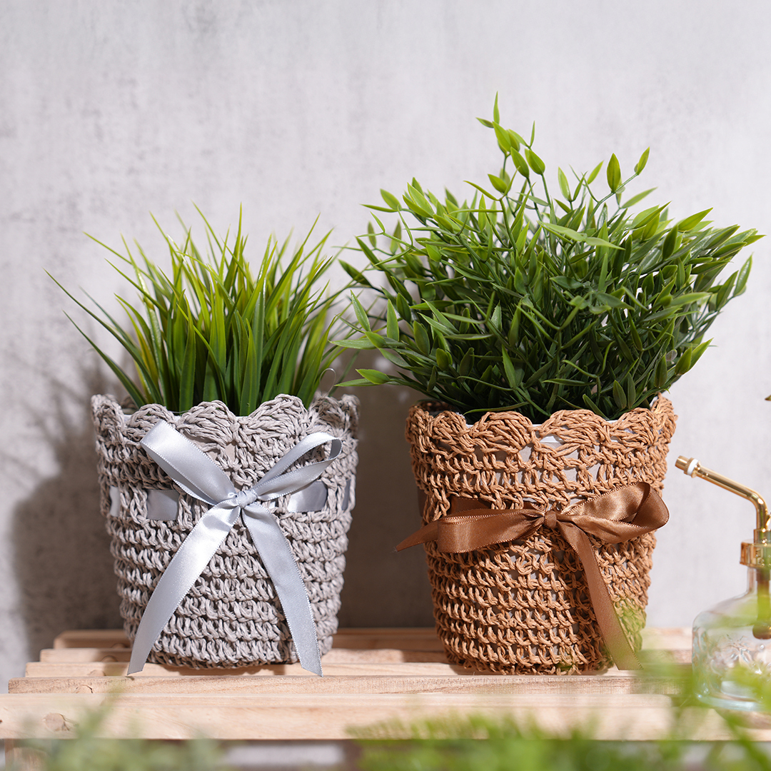 TP 緞帶花盆套/灰 直徑14cm