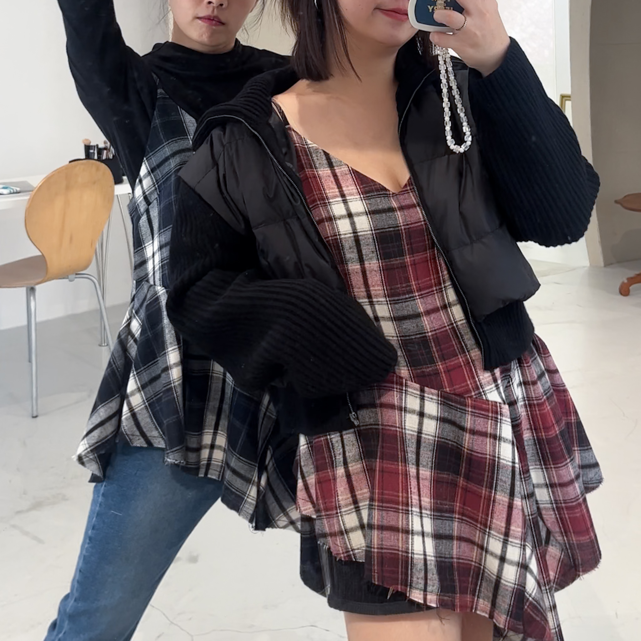 可調肩帶不規則裙襬格紋疊搭背心(紅)