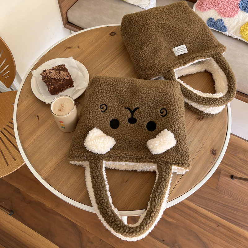 《11435》可愛小熊耳朵毛絨手提包/雙面