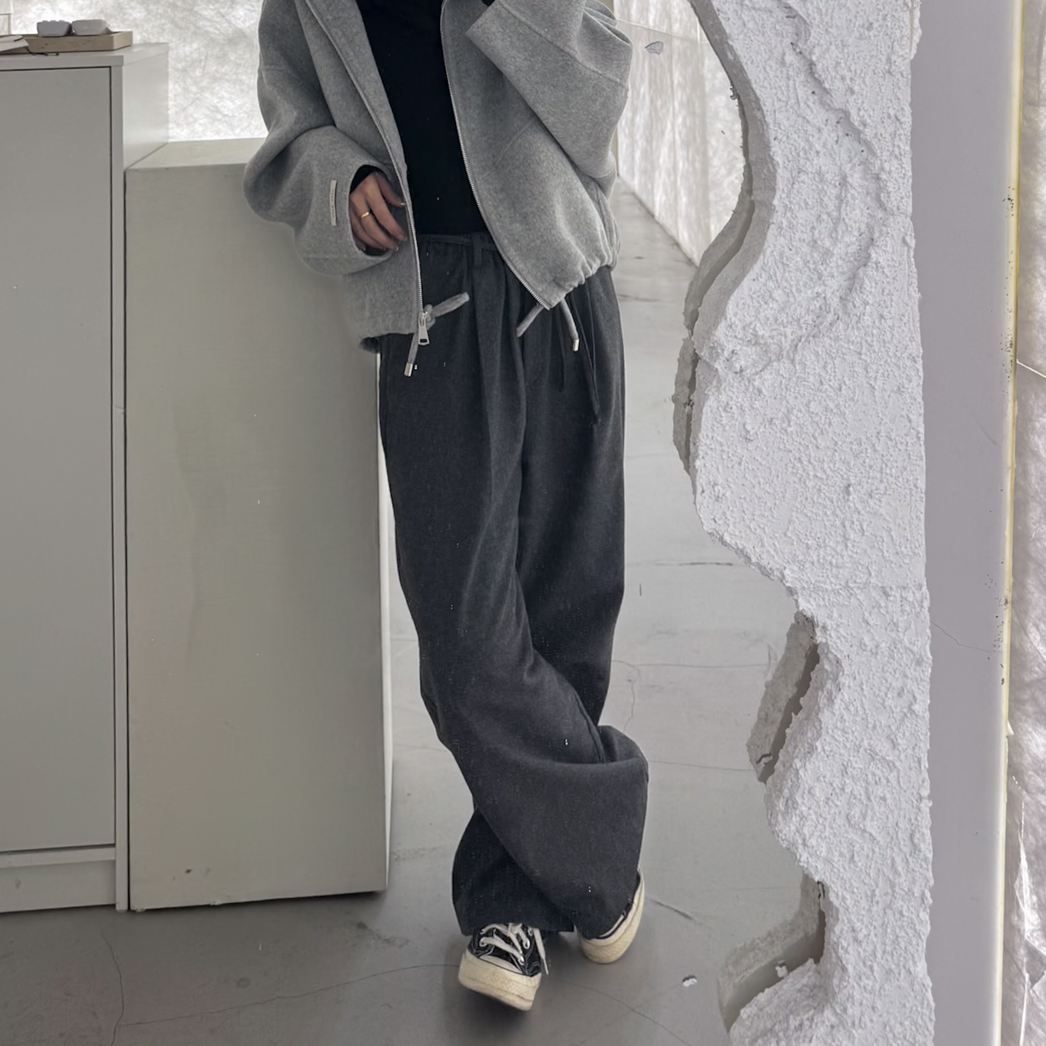 J13特惠款腰抽繩墨灰羊毛寬褲