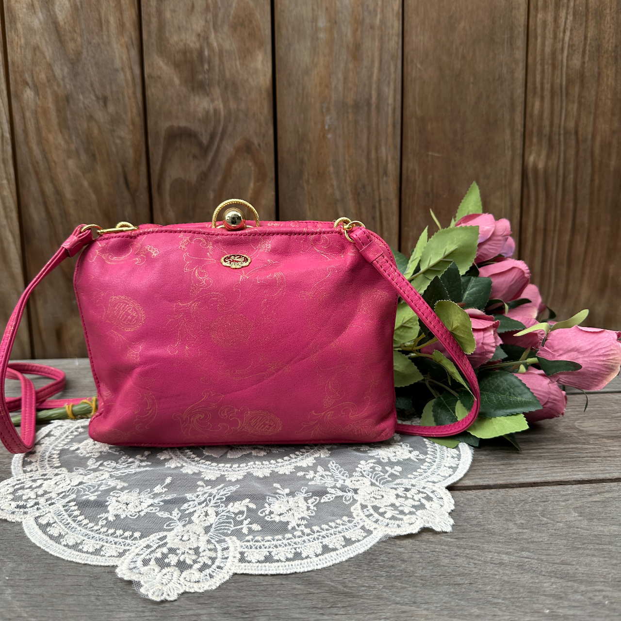 日本製 Angel Bag Ginza 桃紅色金扣真皮手袋