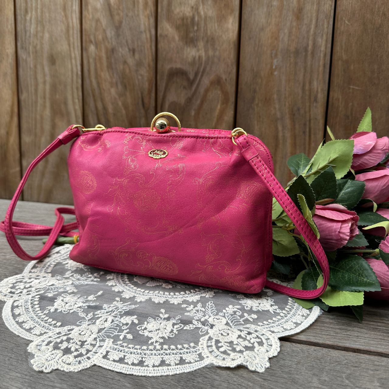 日本製 Angel Bag Ginza 桃紅色金扣真皮手袋