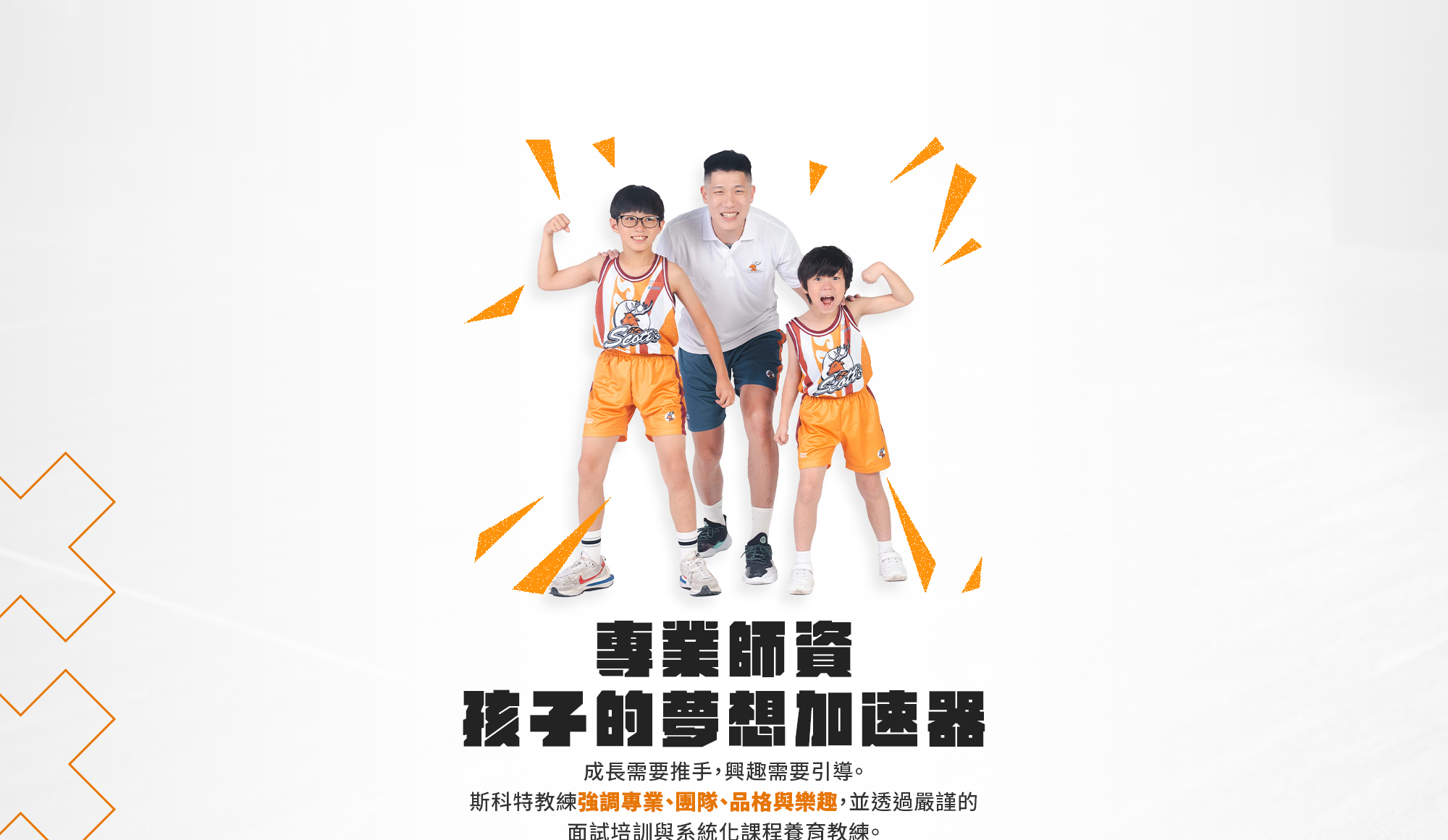 斯科特籃球專業師資主視覺。教練與兩位學員笑容滿面，展現師生正向互動。強調教練經嚴謹培訓，注重專業、團隊、品格與樂趣，引導孩子成長。成為孩子籃球夢想的加速器。