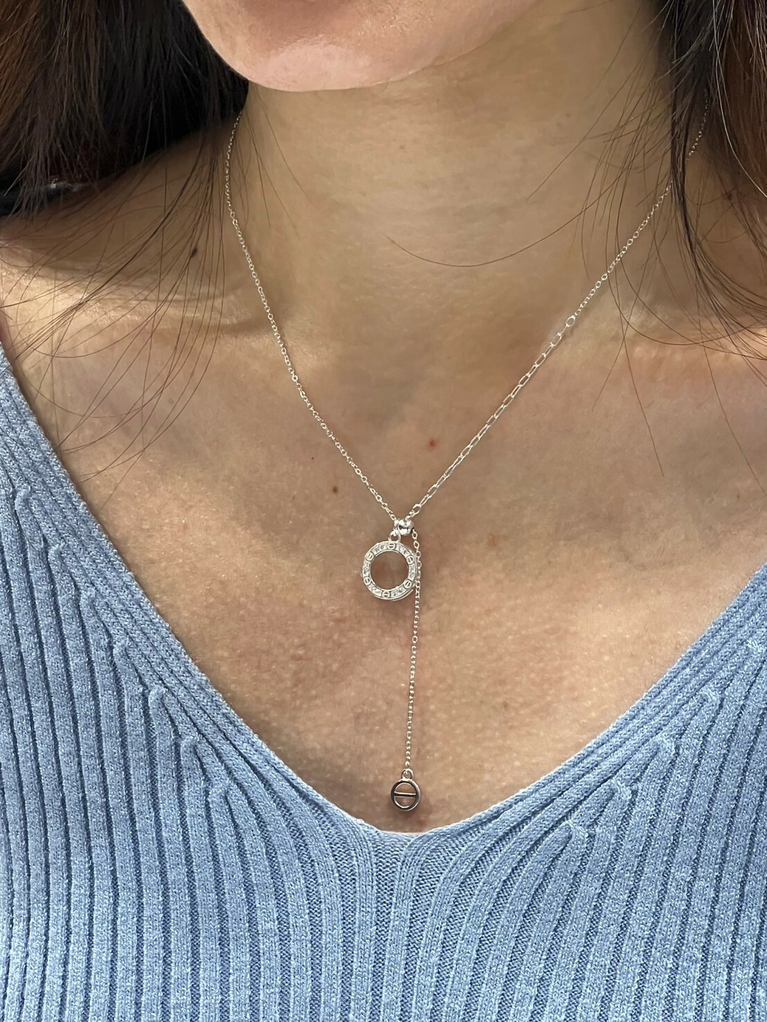 HM3417 925 銀 微鑲鑽圓餅 Y字抽拉項鍊