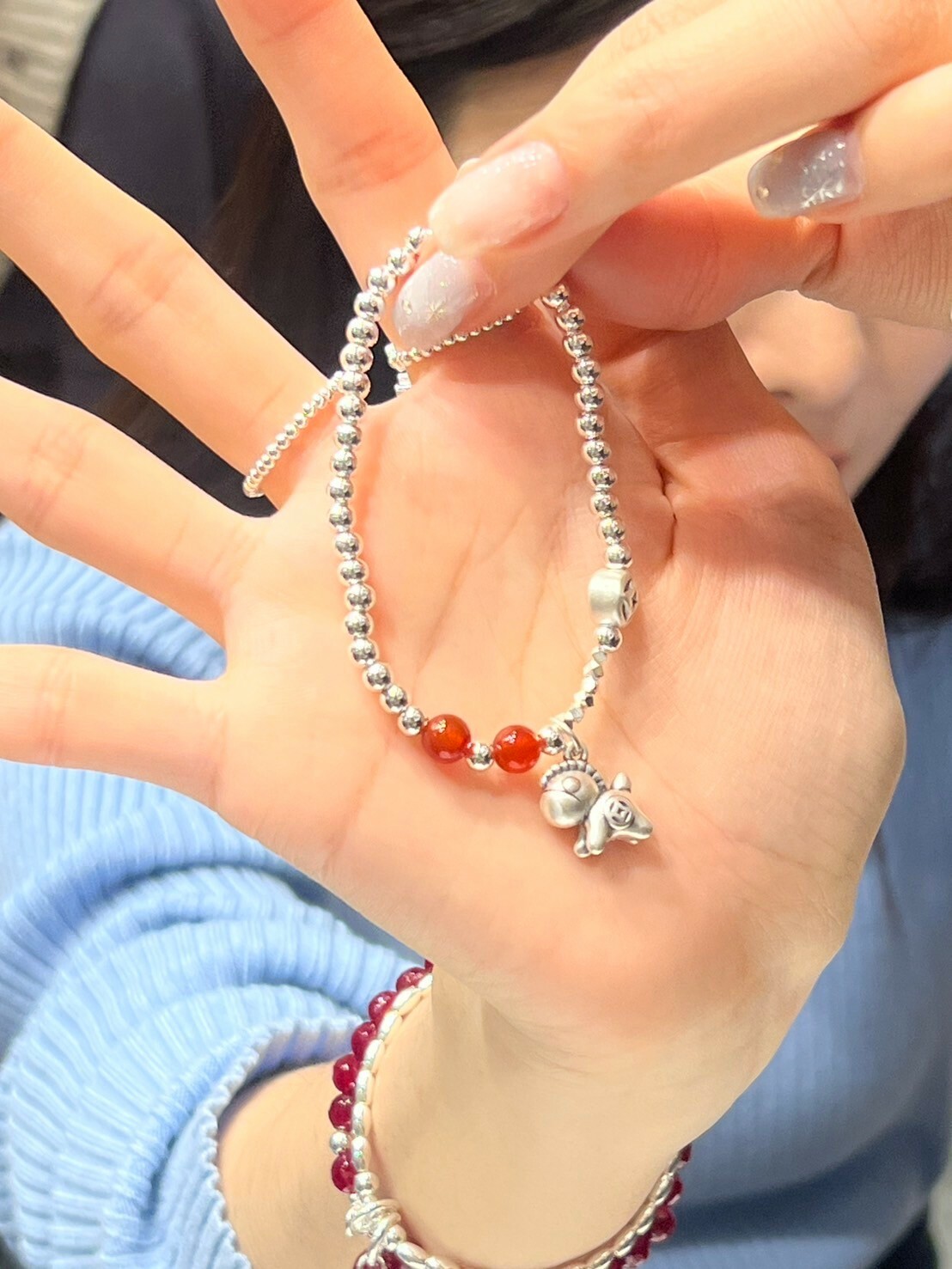 HM3445 ⚪️925 銀 小馬銀珠紅瑪瑙手鍊