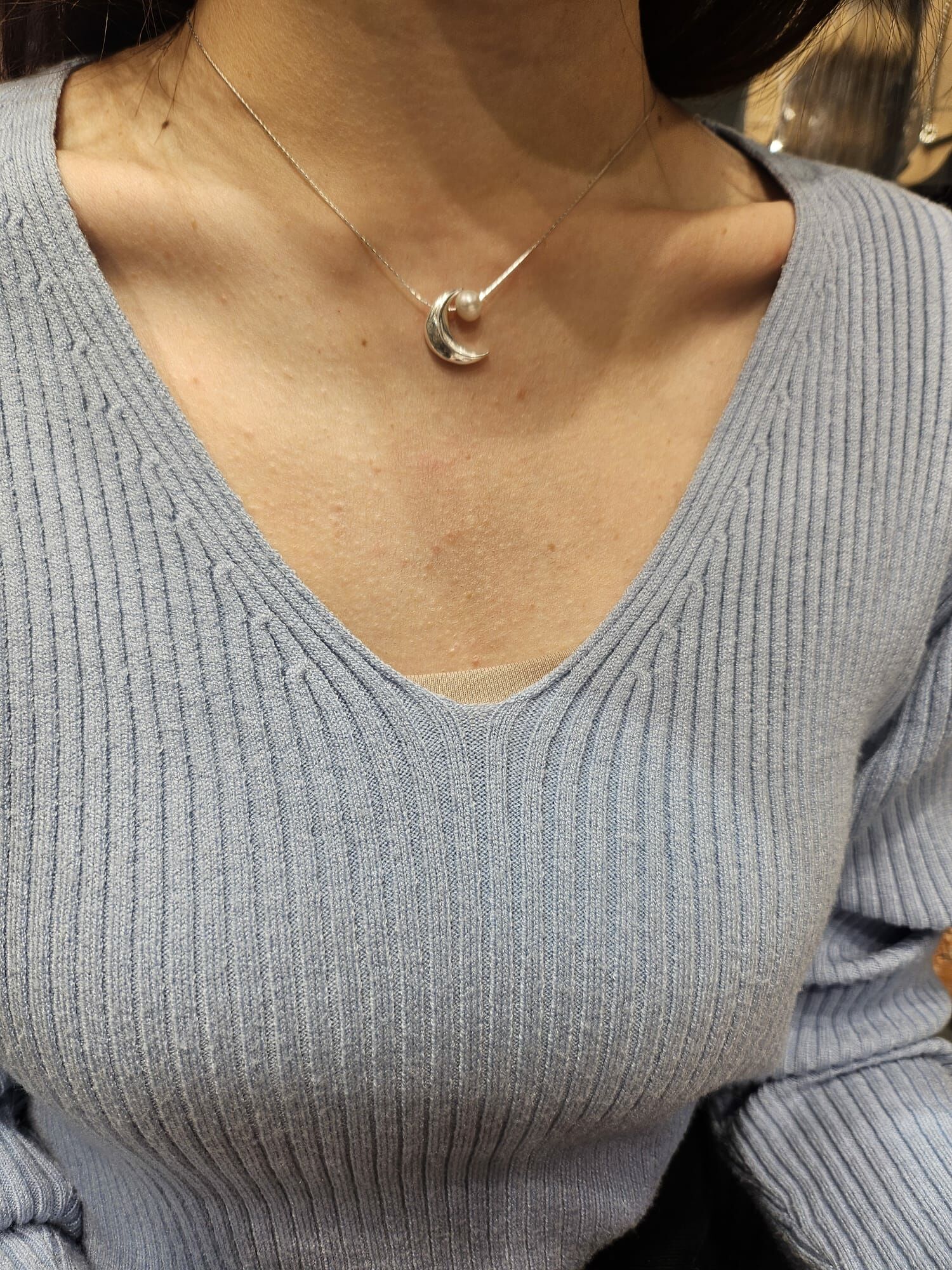 HM3427 ⚪️925 銀 超閃鏈 月亮珍珠 簡約項鍊