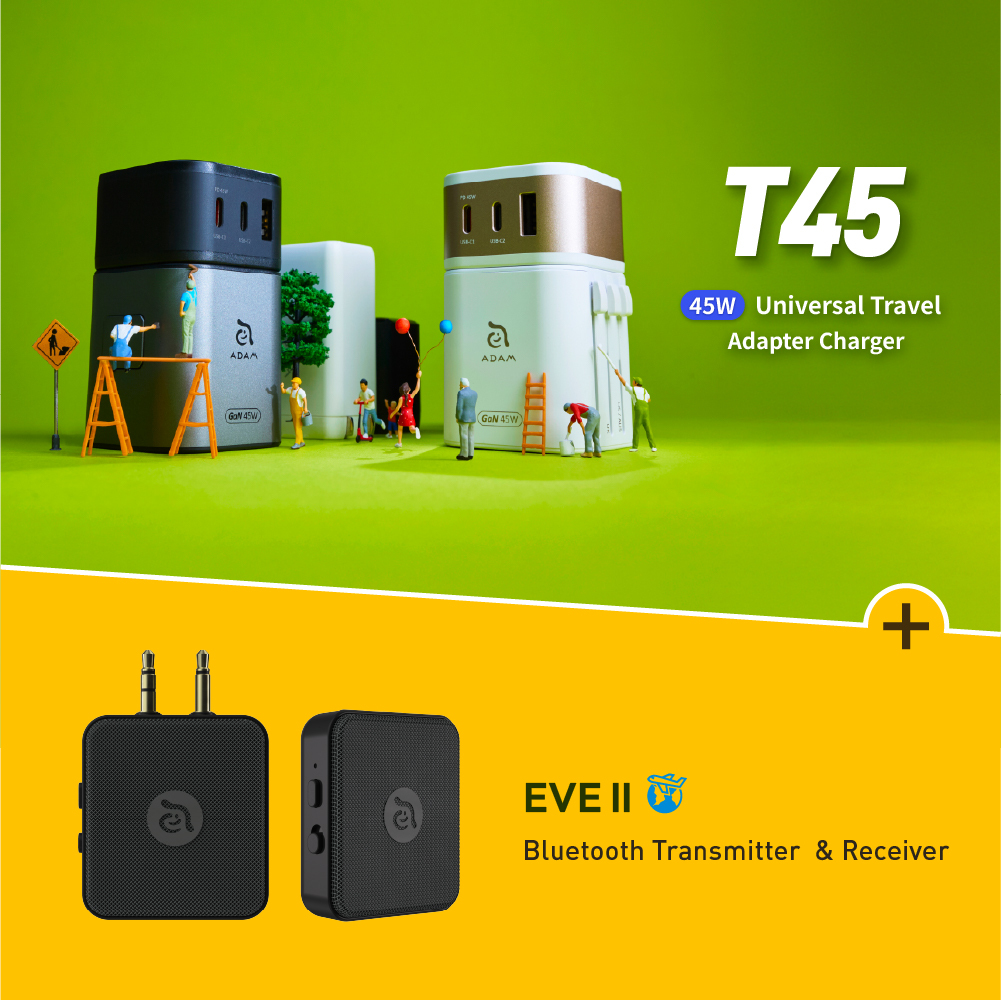 OMNIA T45 Universal Travel Adapter + EVE II Bluetooth Transmitter & Receiver