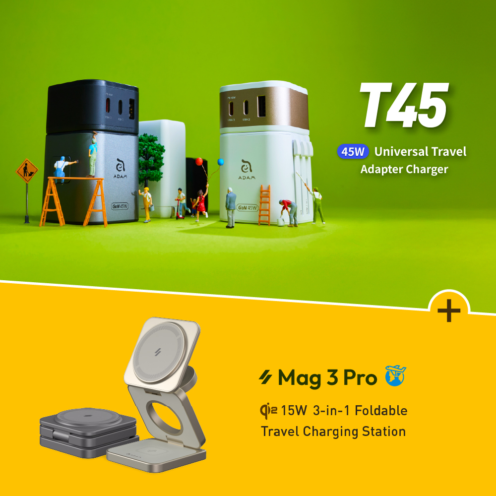 OMNIA T45 Universal Travel Adapter + Mag 3 Pro Qi2 3-in-1 Foldable Travel Charging Station