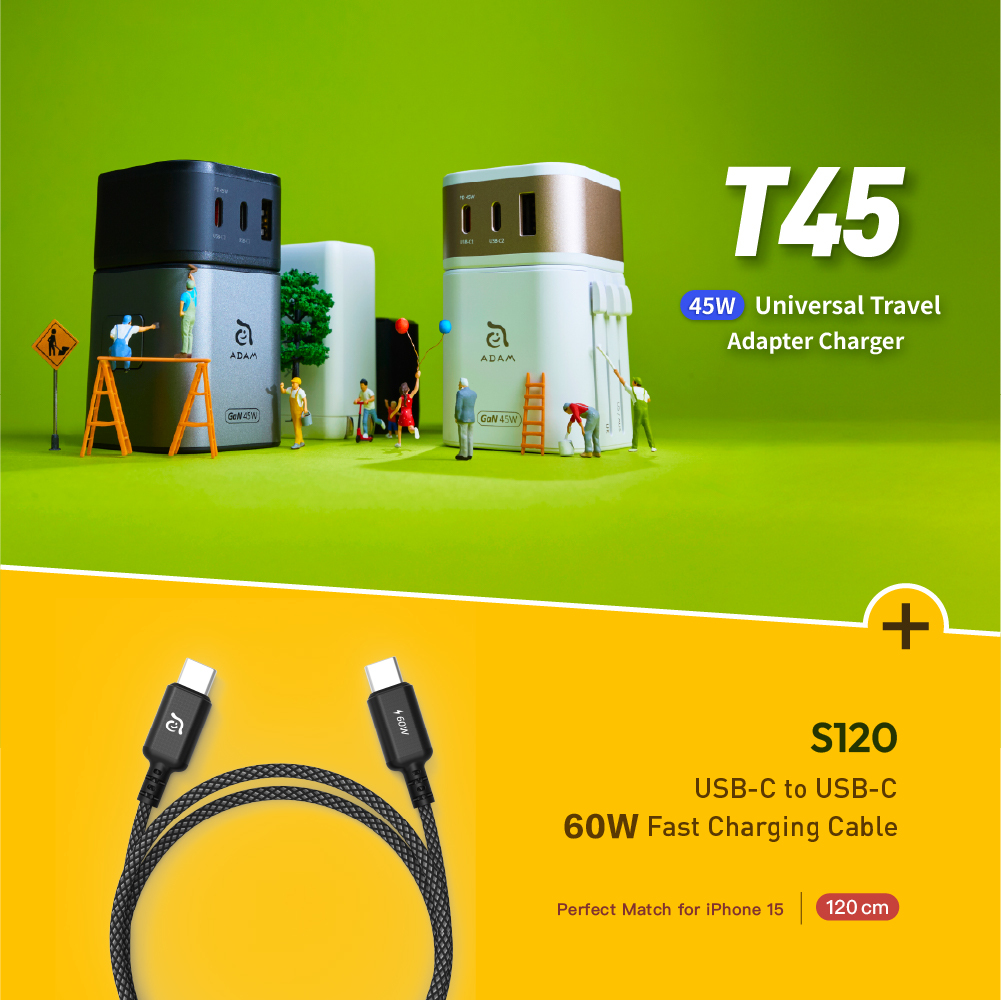 OMNIA T45 Universal Travel Adapter + S120 USB-C to USB-C 60W Braided Charging Cable (1.2M)