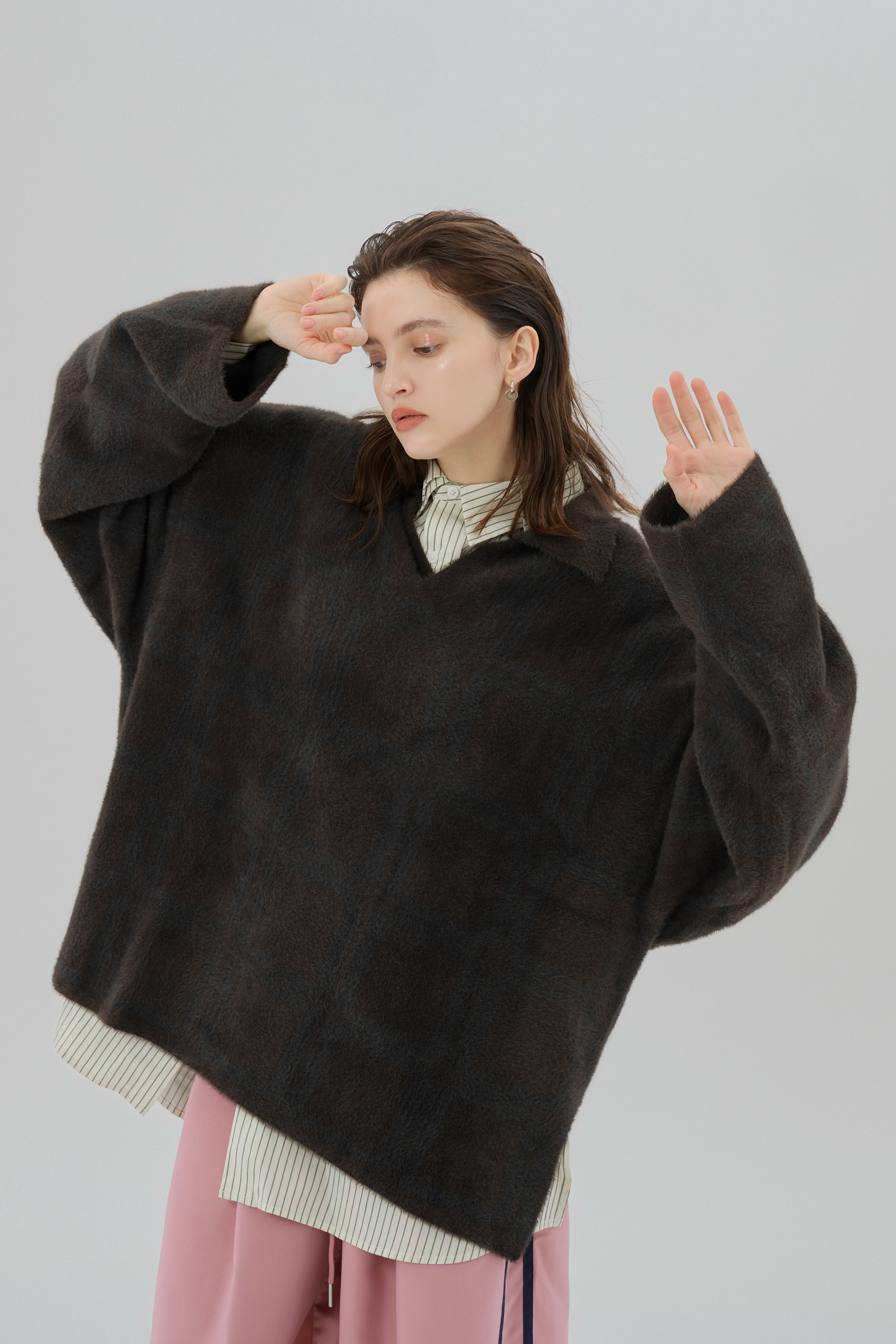 Polo Fuzzy Plaid Sweater｜Chocolate