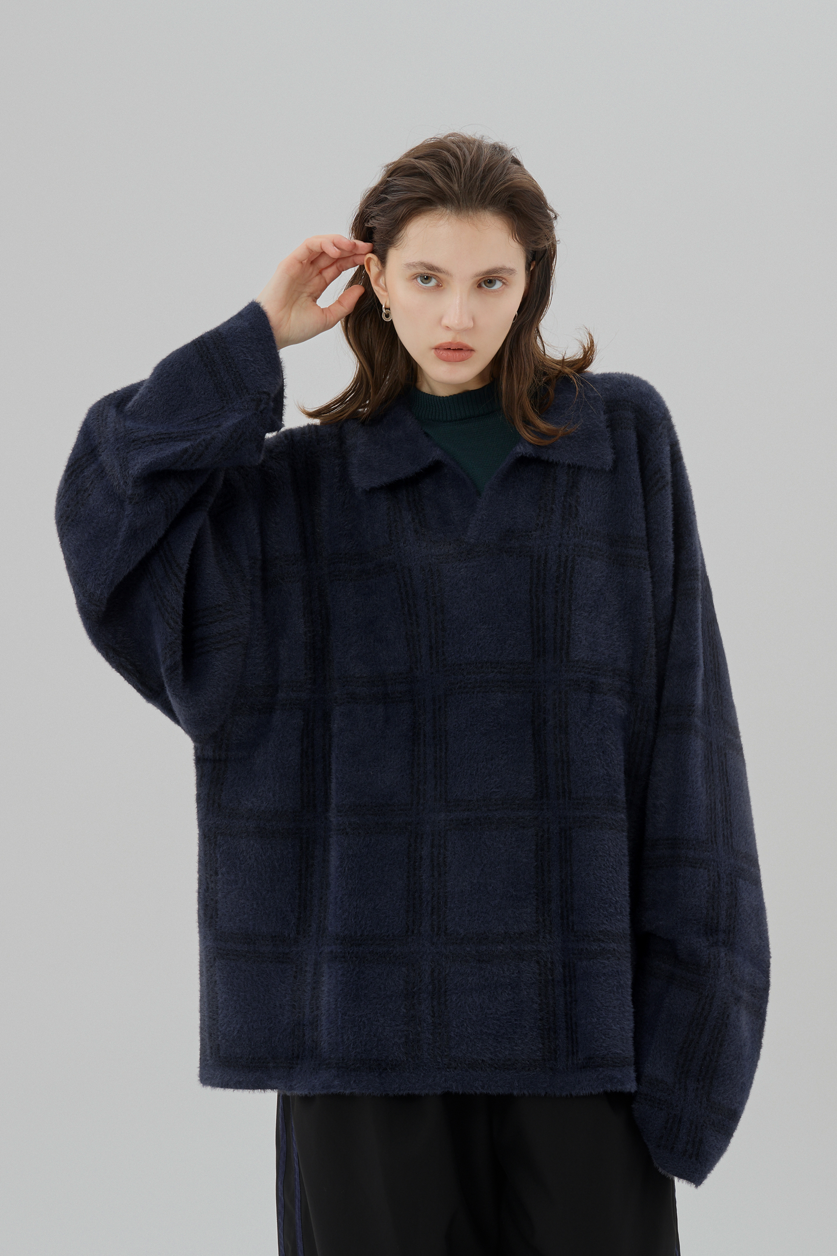 Polo Fuzzy Plaid Sweater｜Dark Blue