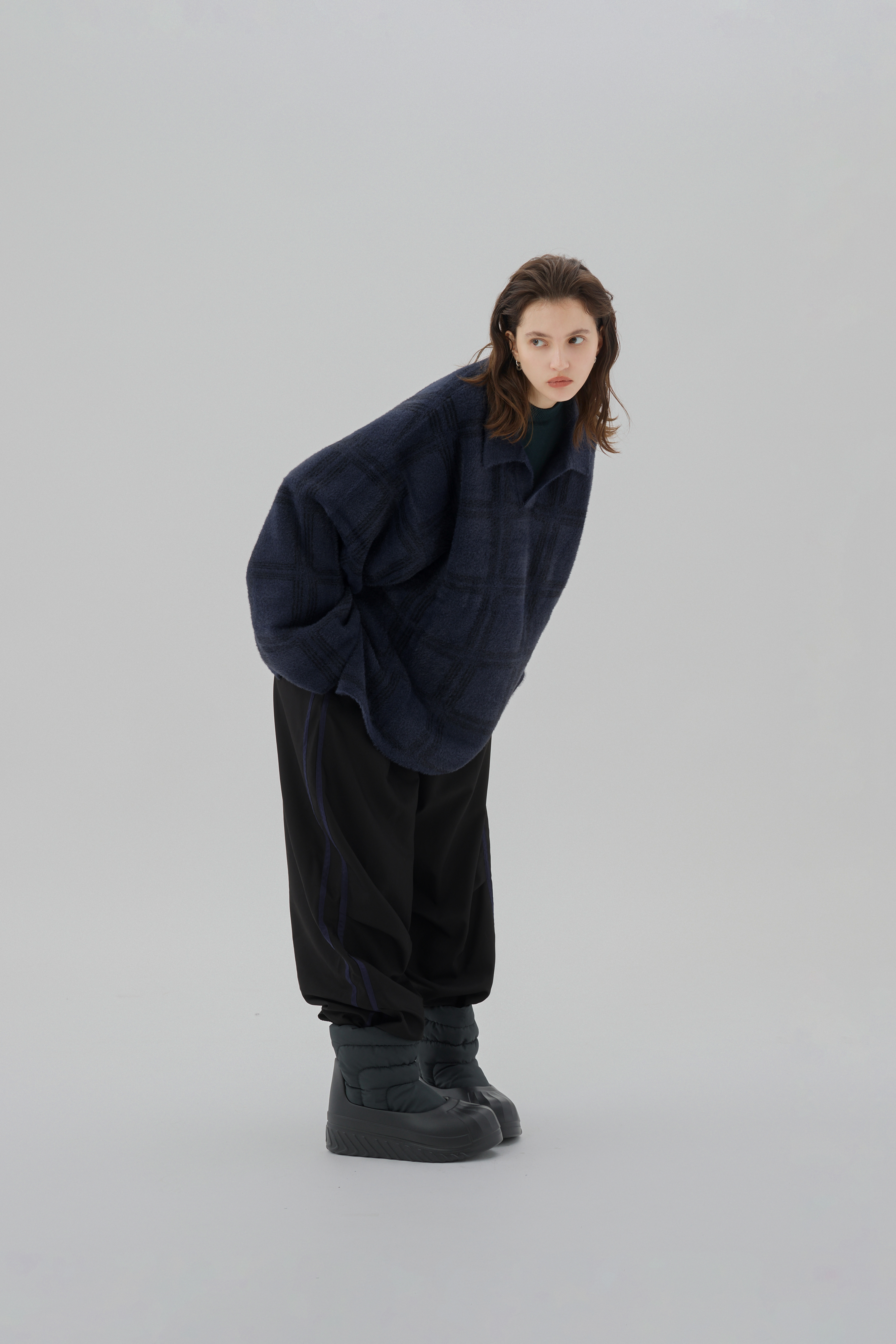 Polo Fuzzy Plaid Sweater｜Dark Blue