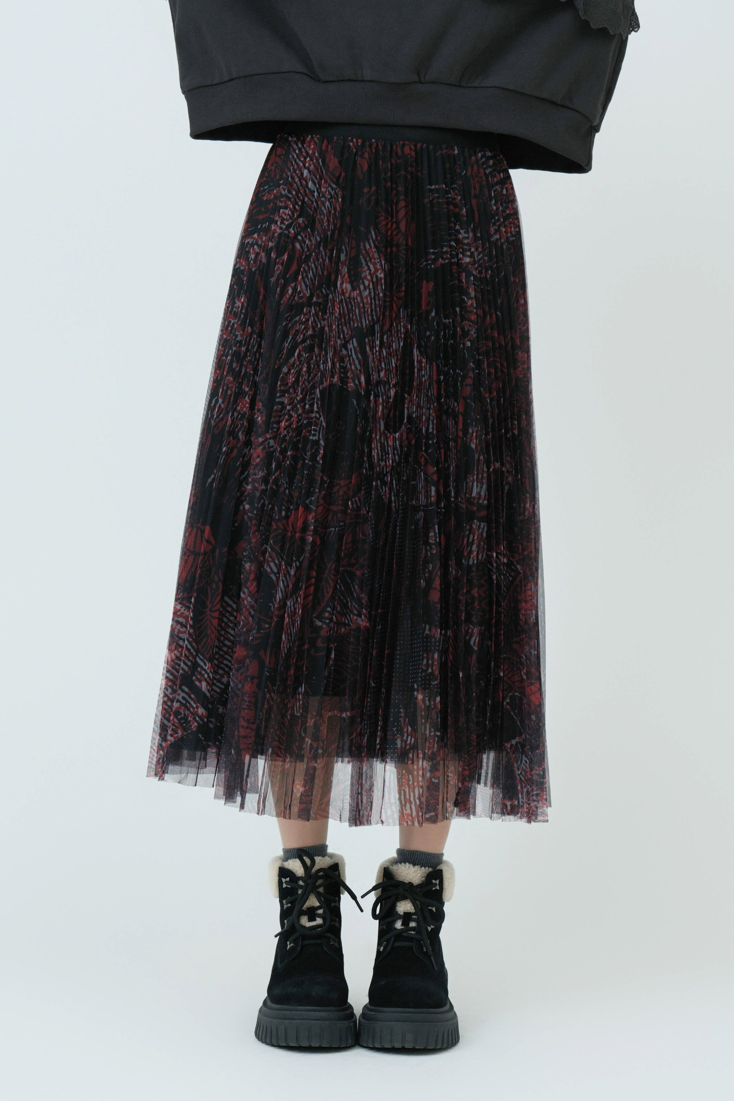 印花百褶網紗裙 (現貨款式）