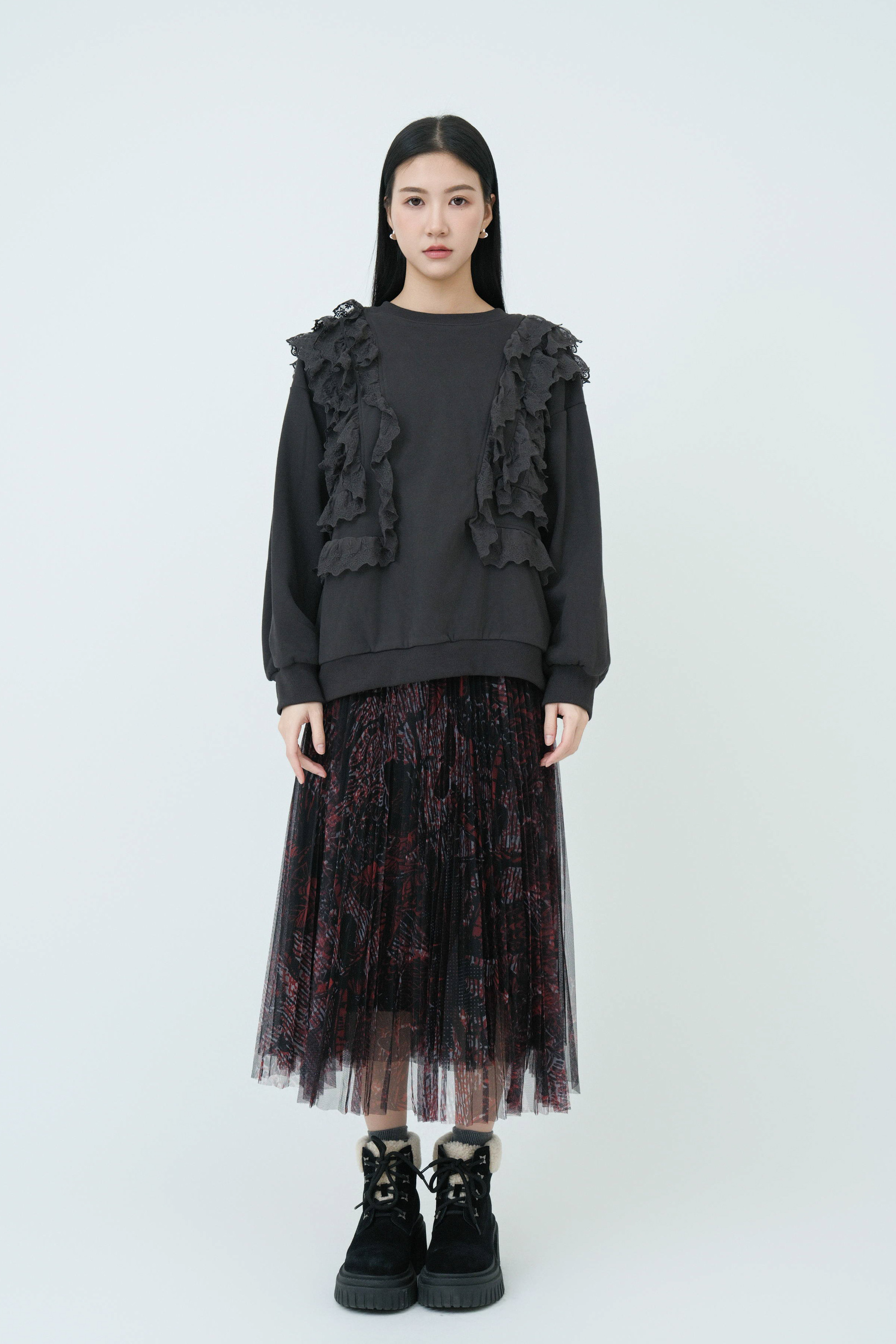 印花百褶網紗裙 (現貨款式）