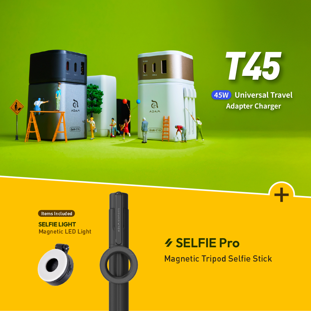 OMNIA T45 Universal Travel Adapter + SELFIE Pro Wireless Bluetooth Tripod Selfie Stick