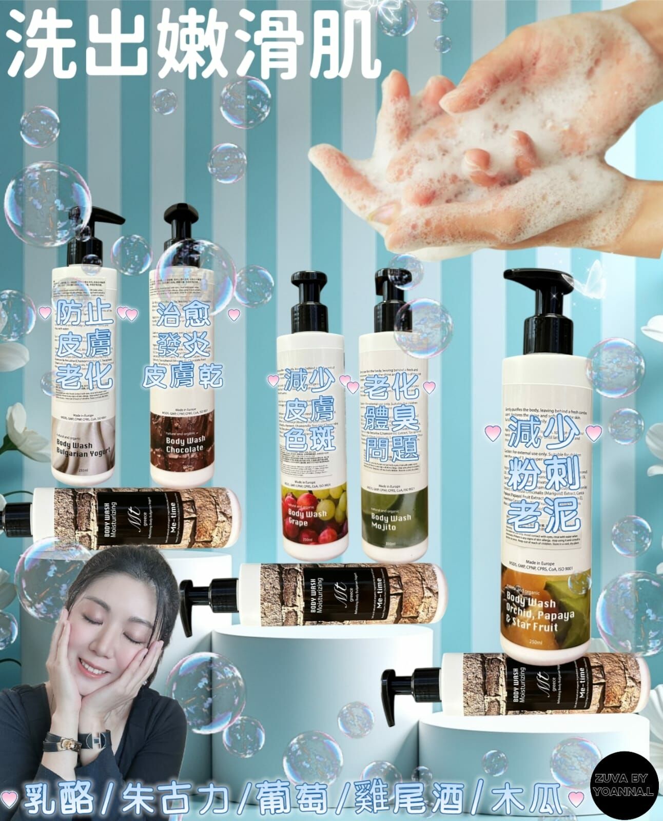 Y382有機天然成份希臘me-time 護膚品沖涼液250ml（乳酪（防止皮膚老化） | 葡萄（減皮膚色斑）| 朱古力（治愈發炎皮膚乾問題）|木瓜（減少粉刺、老泥）| Mojito 雞尾酒（老化體臭問題）