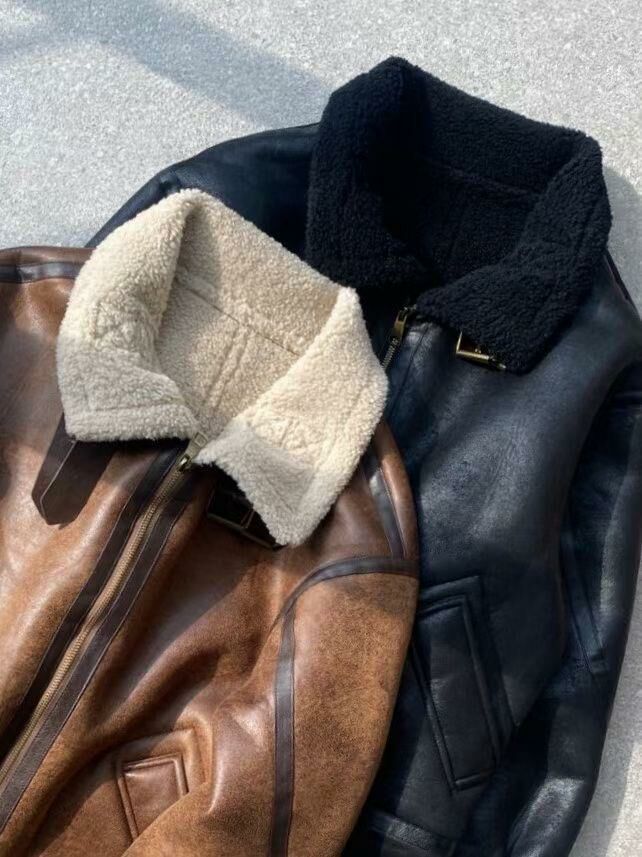 毛毛領拉鍊合成皮褸 And More-053JK