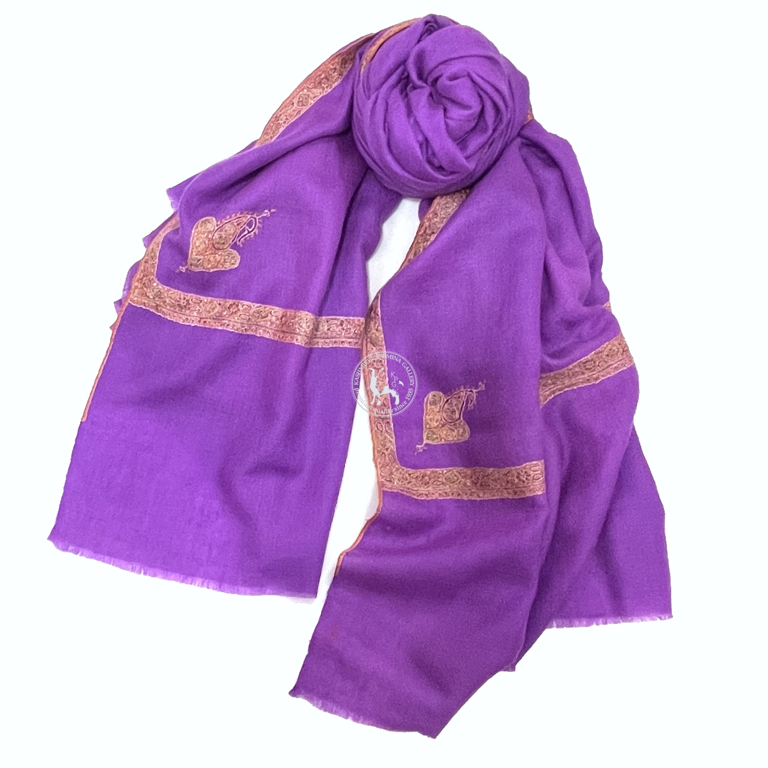 紫色邊緣刺繡喀什米爾羊絨圍巾披肩