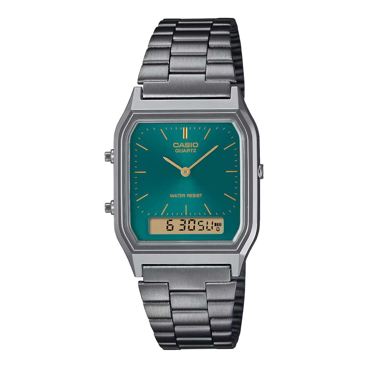 CASIO AQ-230EGG-3A 槍灰色 綠面 雙顯 方形 復古錶