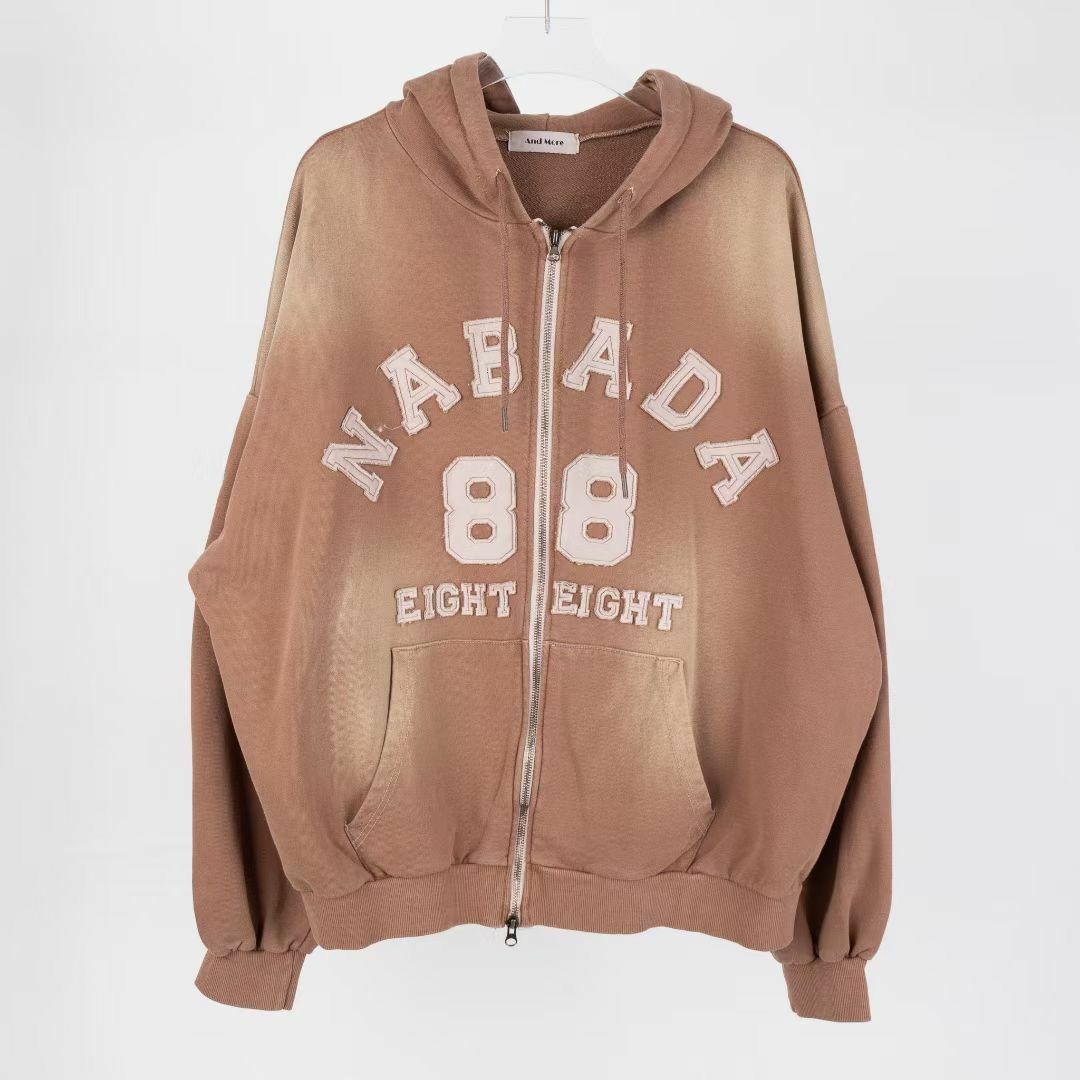 仿污英文字連帽拉鍊外套 And More-068Jk