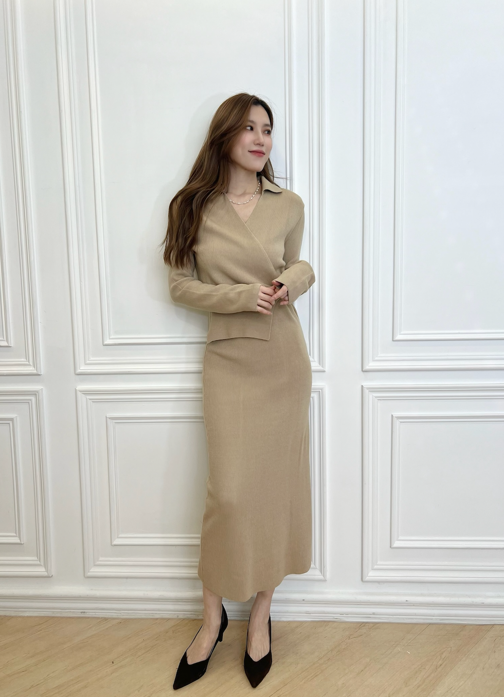翻領針織側釦合身洋裝