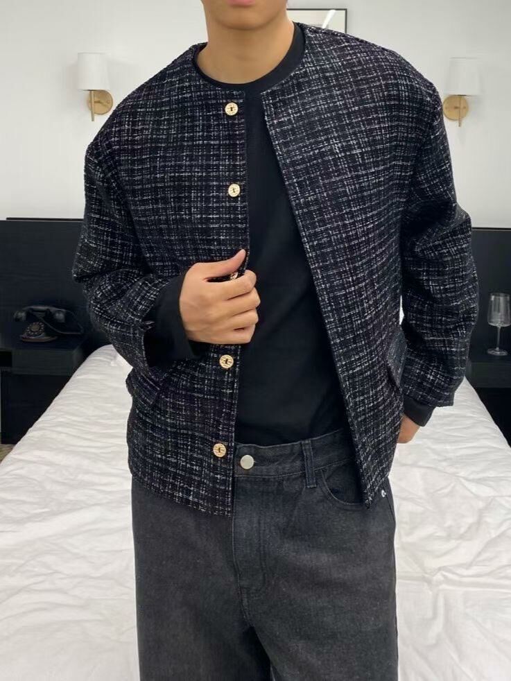 圓領格紋開胸外套 And More-071JK