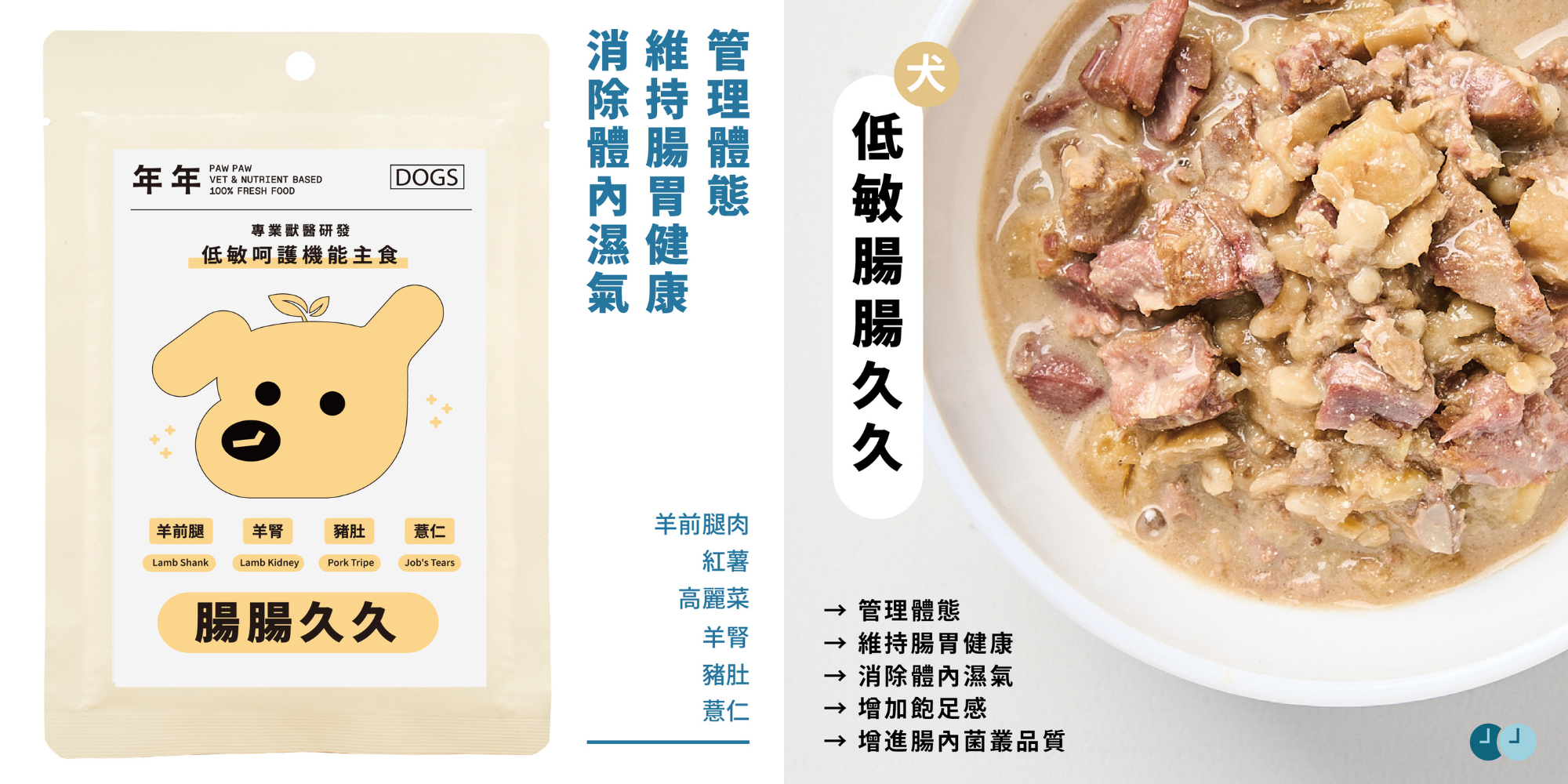 年年PAW PAW狗狗主食鮮食包低敏版「腸腸久久」適合腸胃、消化系統需要穩定修復功能的狗狗