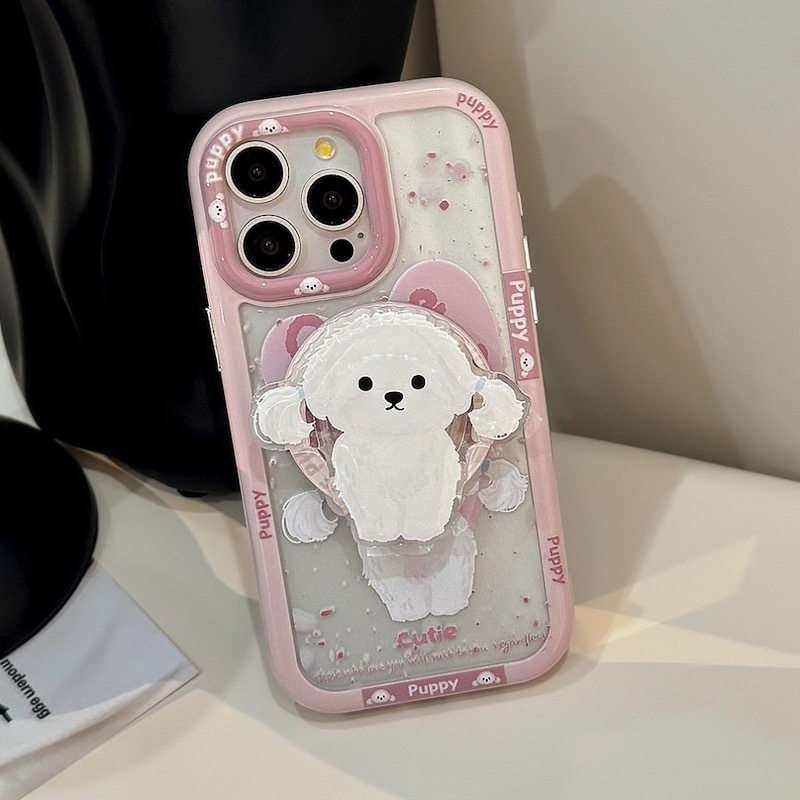 《11460》粉系萌萌白狗狗手機殼(磁吸款)含支架