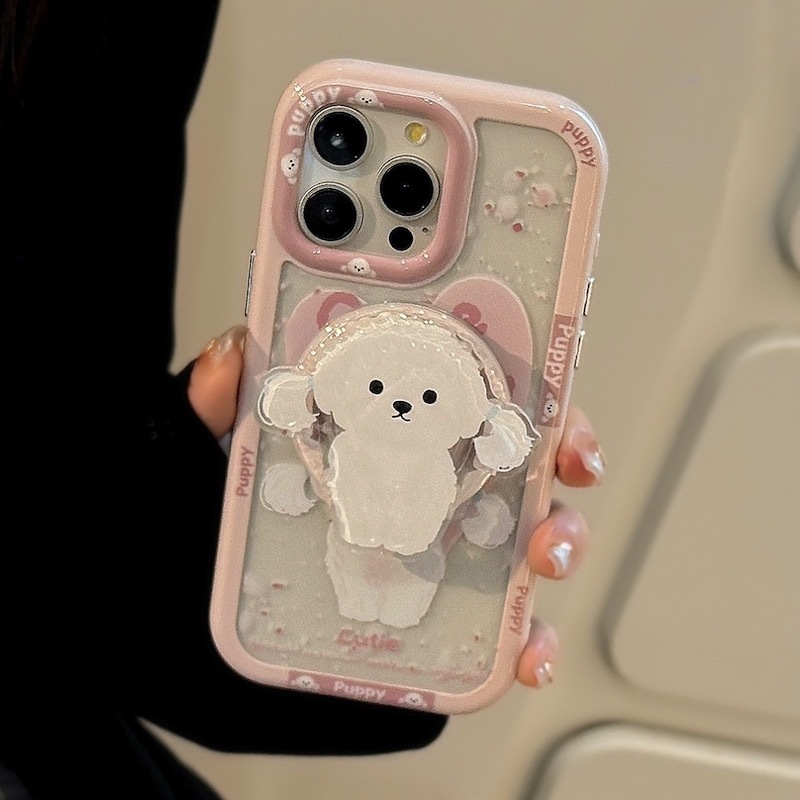《11460》粉系萌萌白狗狗手機殼(磁吸款)含支架