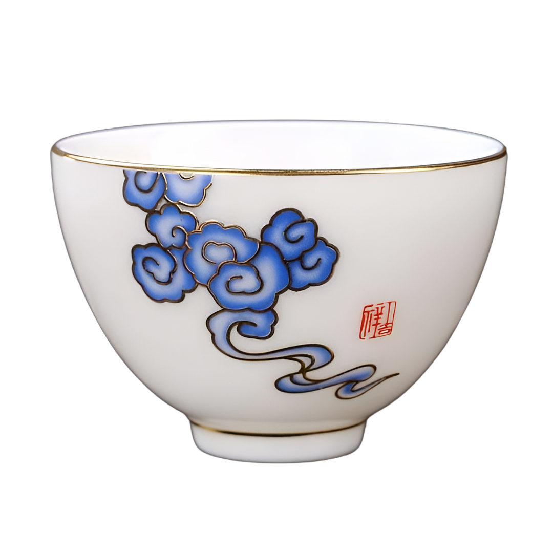 羊脂玉瓷祥雲品茗杯套裝推薦｜方杯圓杯任選 高雅茶具送禮首選