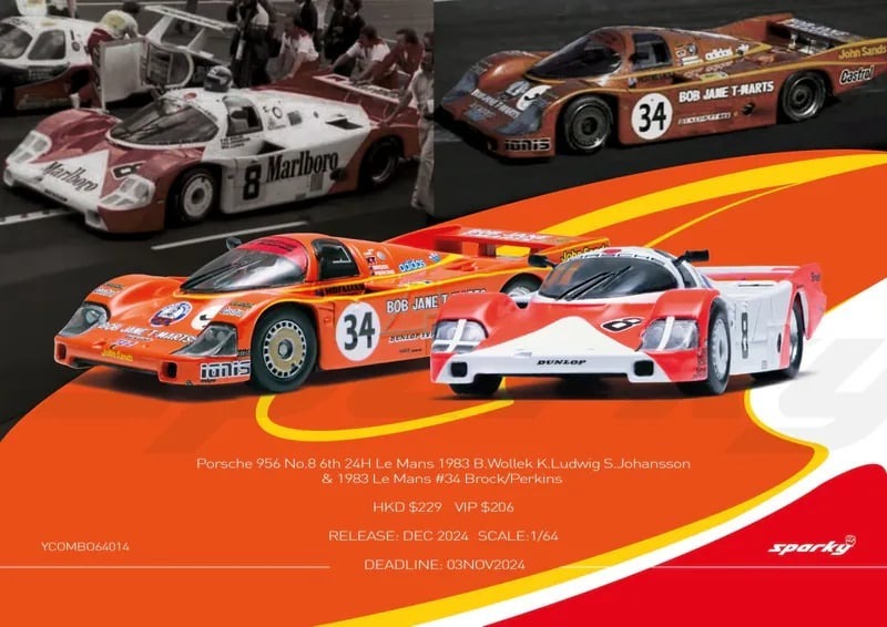 Sparky x TinySparky 1/64 保時捷 Porsche 956 No.8 6th 24H Le Mans 1983 B.Wollek K.Ludwig S.Johansson & 1983 Le Mans #34 Brock/Perkins Combo Set (Tiny 限定)