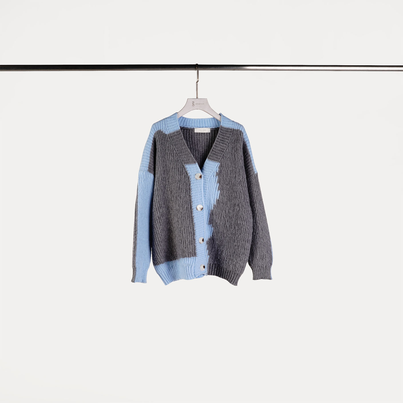 不規則撞色針織外套 | 灰+藍